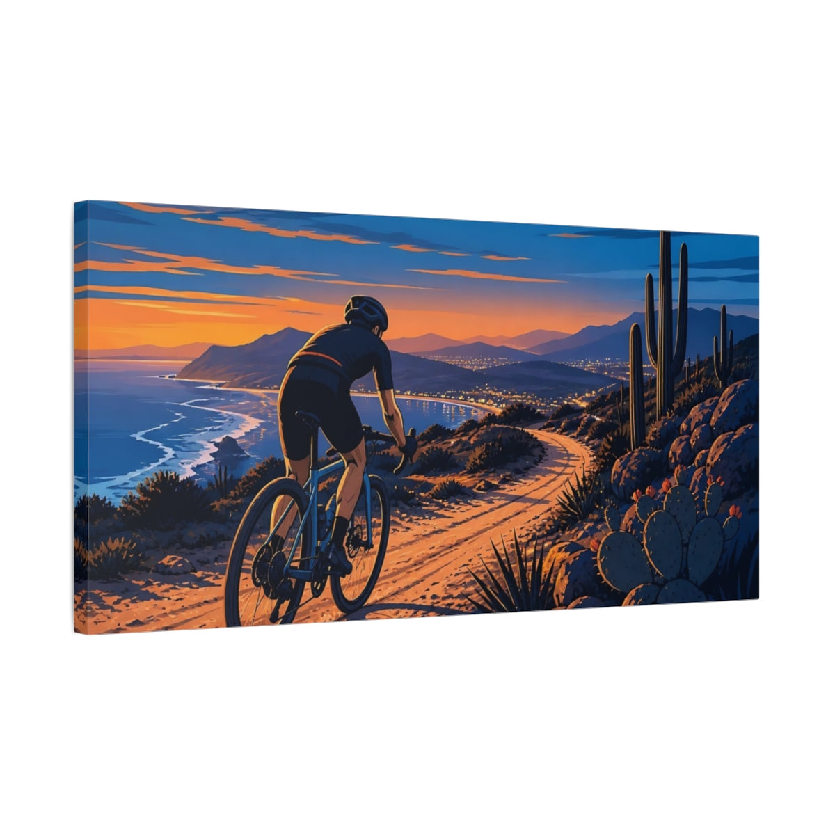 Side Mockup 1. Coastal Sunset Cyclist shown as canvas print