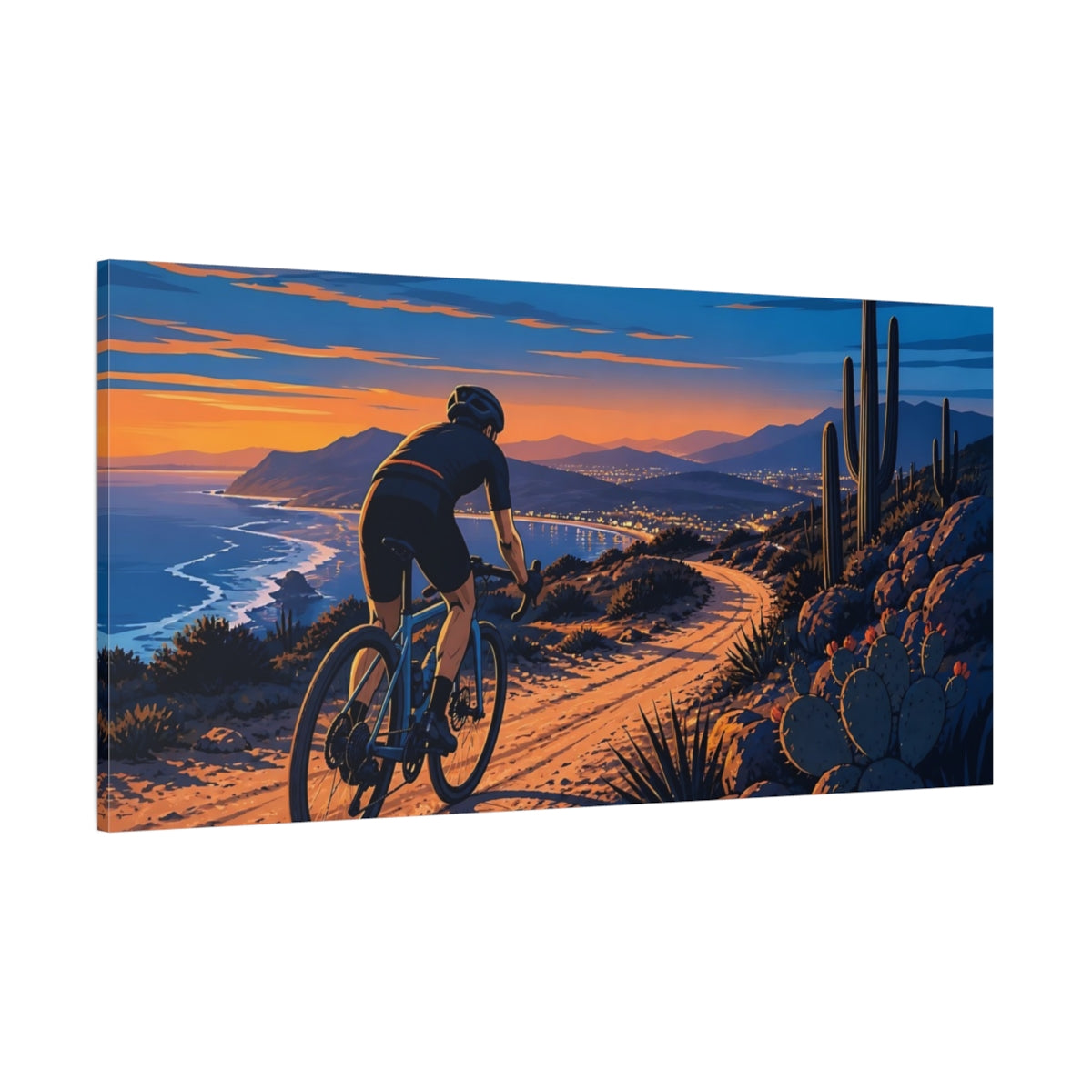 Side Mockup 2. Coastal Sunset Cyclist shown as canvas print