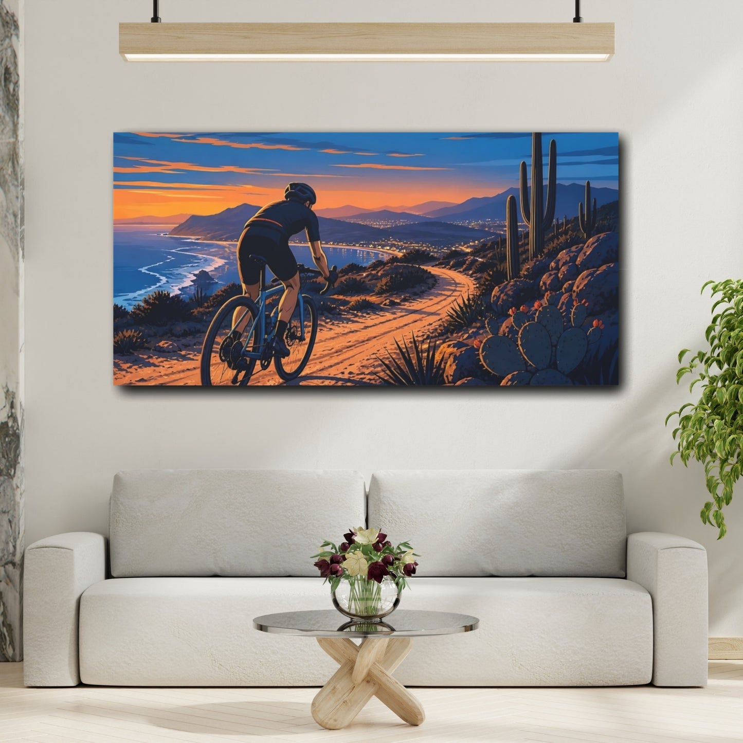 Mockup 2. Coastal Sunset Cyclist shown as canvas print