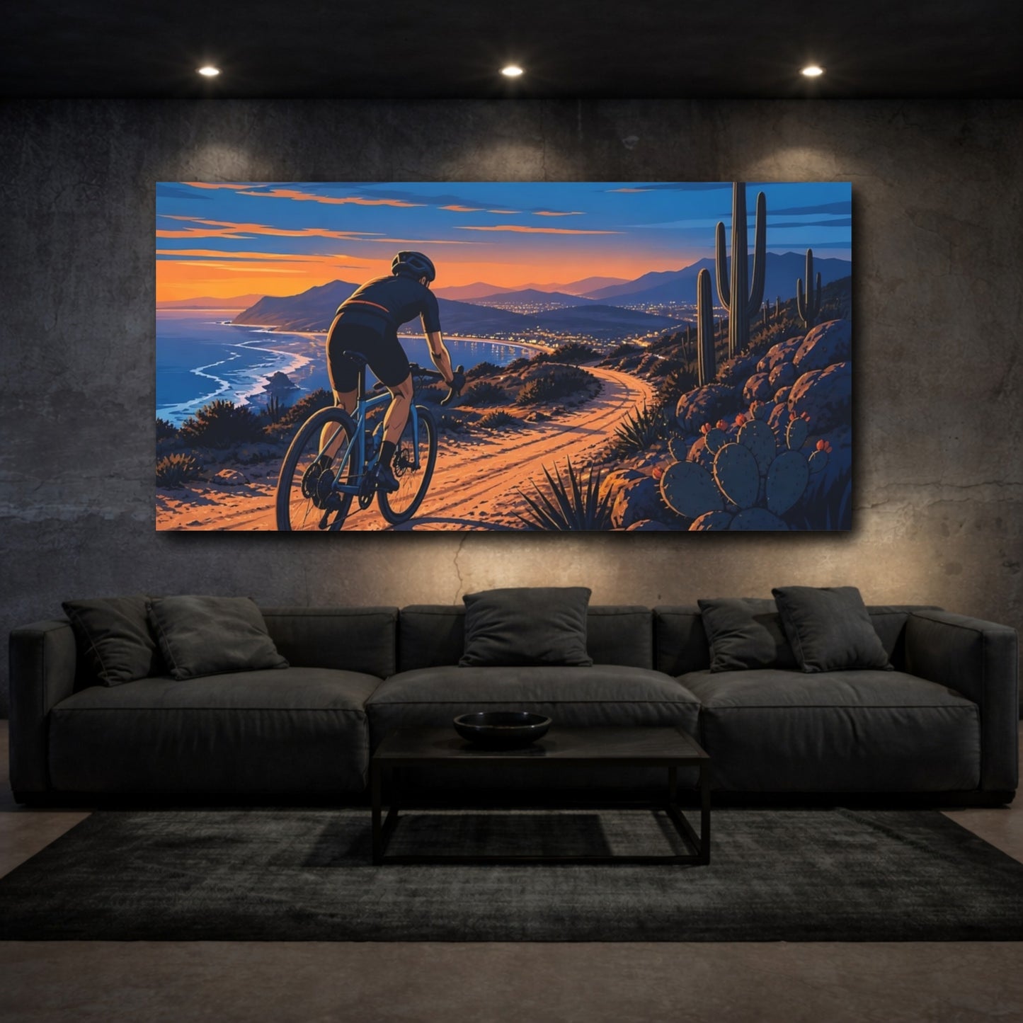 Mockup 3. Coastal Sunset Cyclist shown as canvas print