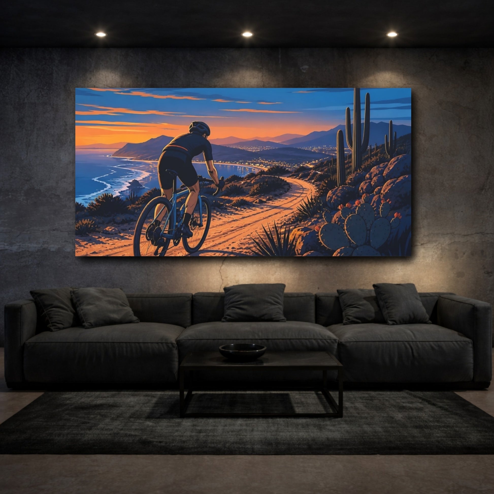 Mockup 3. Coastal Sunset Cyclist shown as canvas print