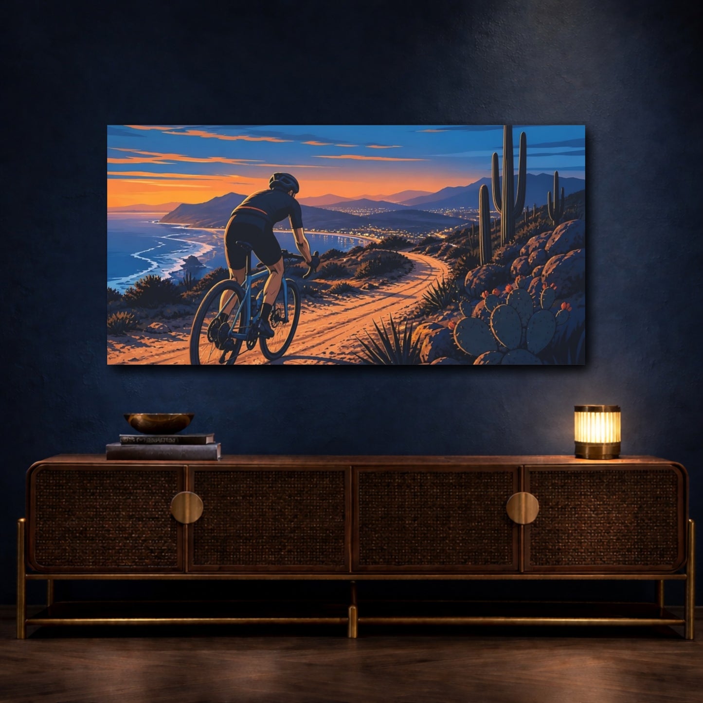 Mockup 4. Coastal Sunset Cyclist shown as canvas print