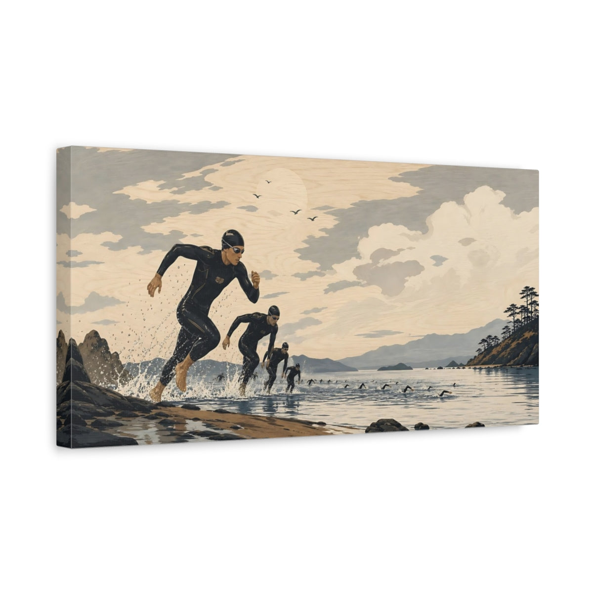Side Mockup 3. Coastal Swim Race shown as canvas print