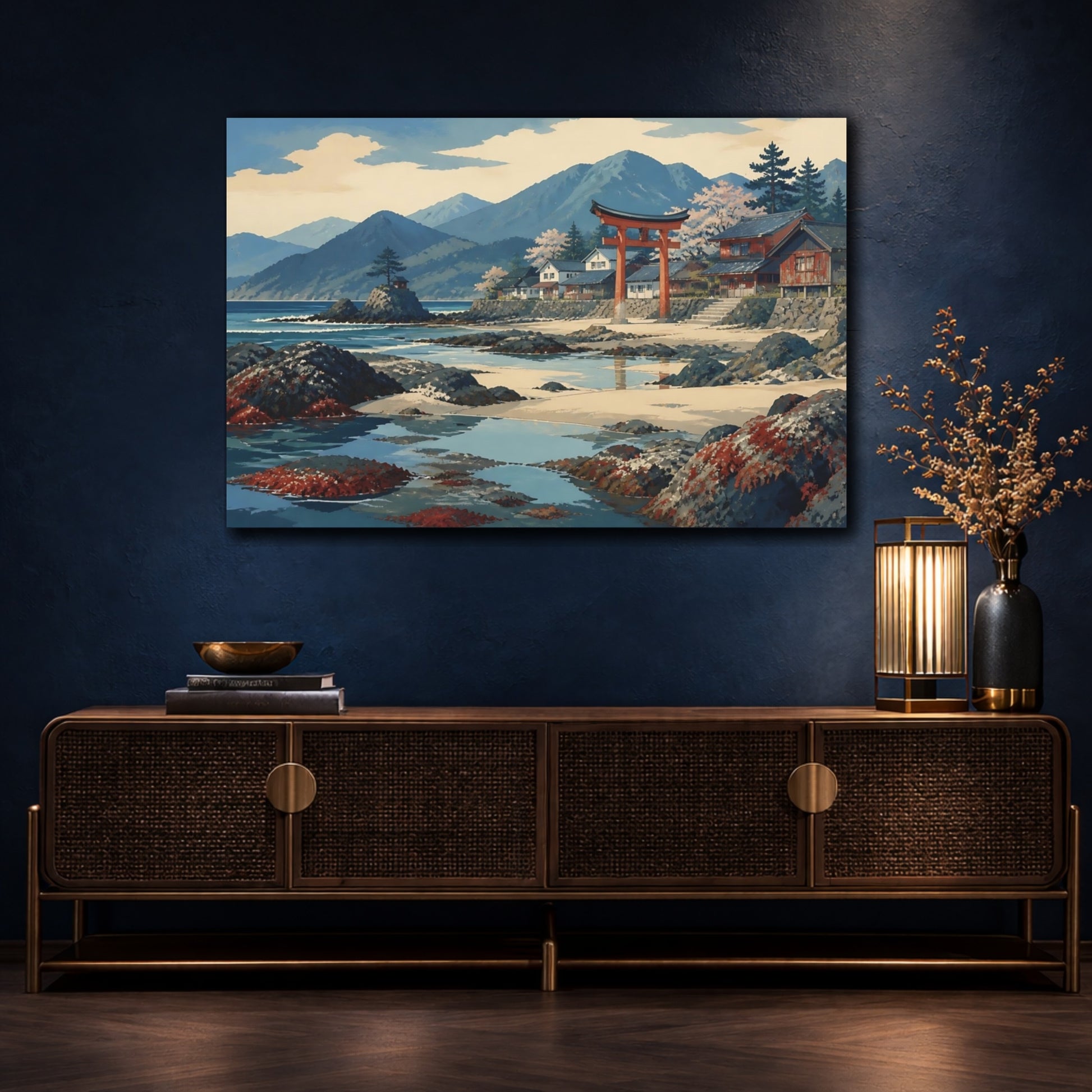 Mockup 4. Coastal Torii And Tide Pools shown as canvas print