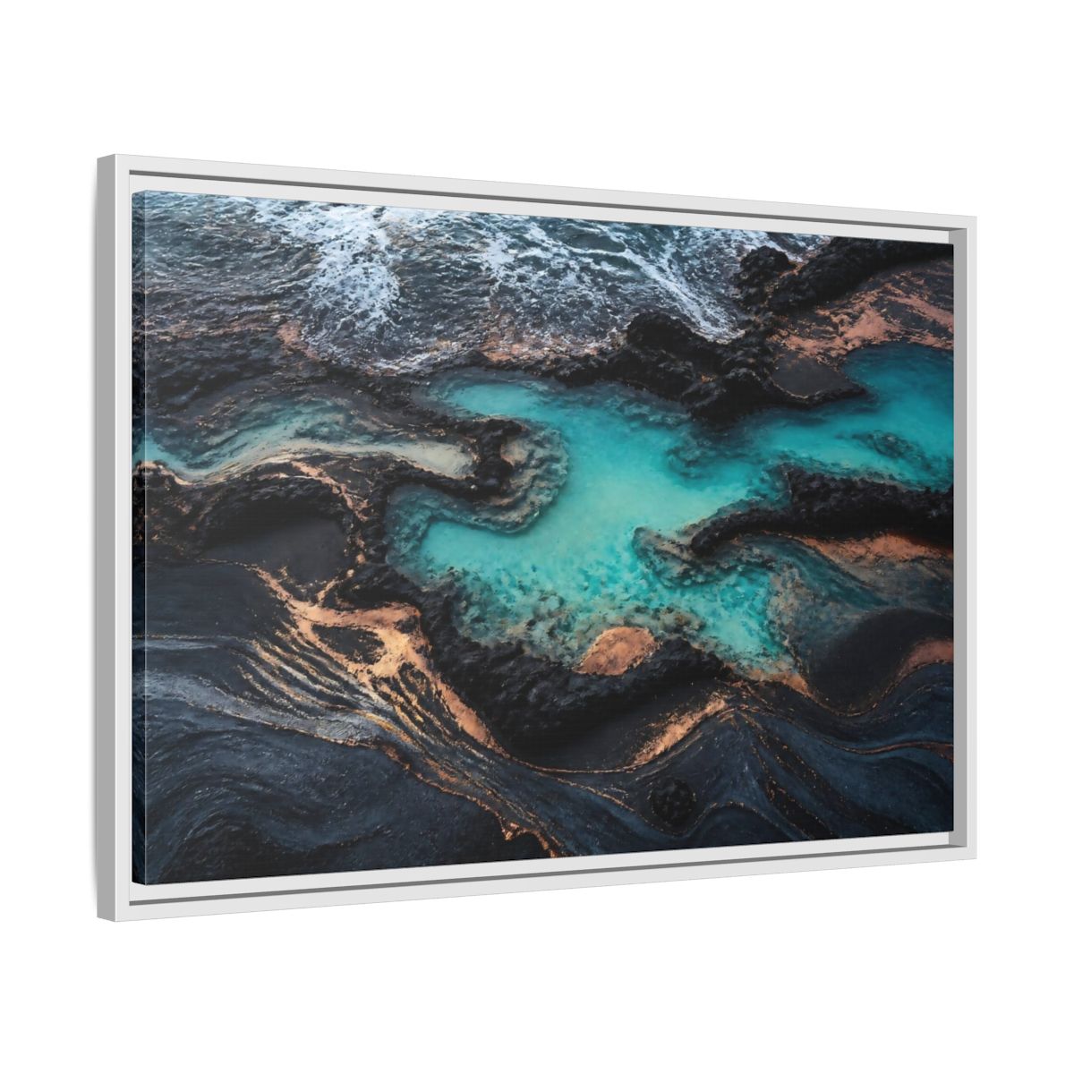 Side Mockup 10. Coastal Turquoise Tide Pool shown as framed canvas print