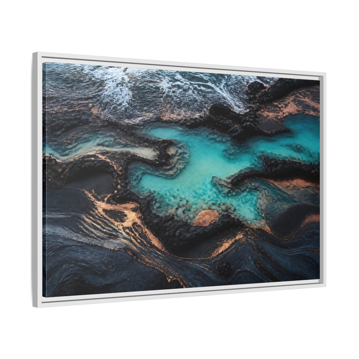 Side Mockup 9. Coastal Turquoise Tide Pool shown as framed canvas print