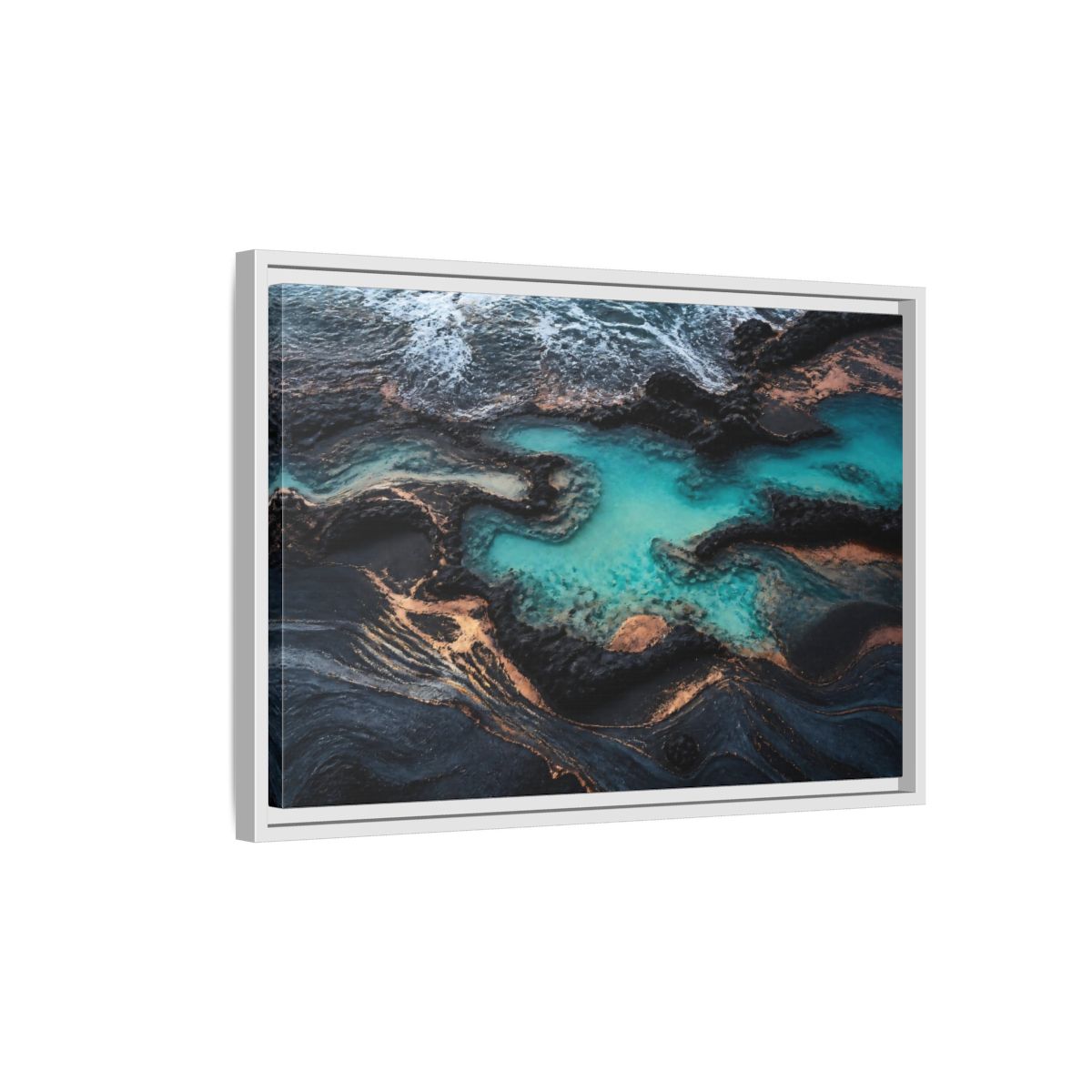 Side Mockup 1. Coastal Turquoise Tide Pool shown as framed canvas print