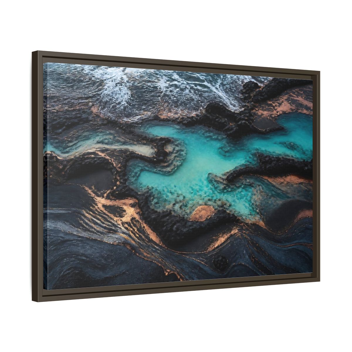 Side Mockup 11. Coastal Turquoise Tide Pool shown as framed canvas print