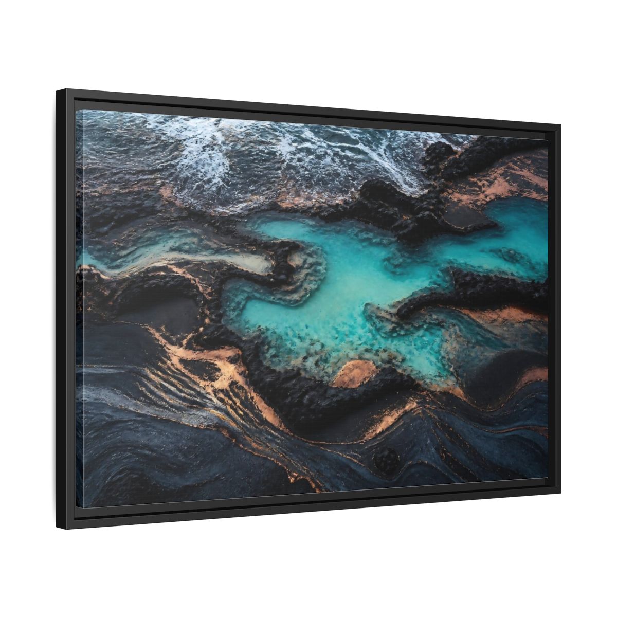 Side Mockup 14. Coastal Turquoise Tide Pool shown as framed canvas print