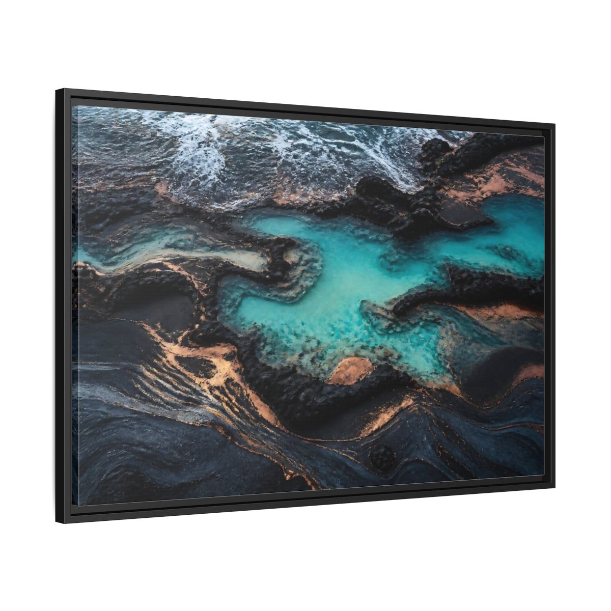 Side Mockup 13. Coastal Turquoise Tide Pool shown as framed canvas print