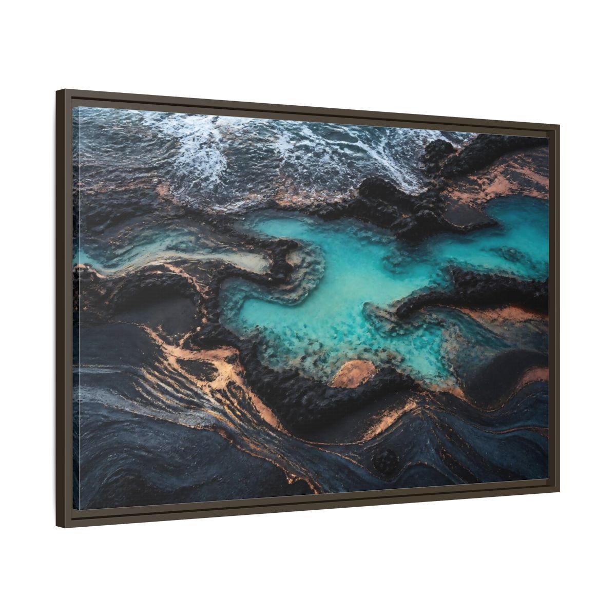 Main Mockup. Coastal Turquoise Tide Pool shown as framed canvas print