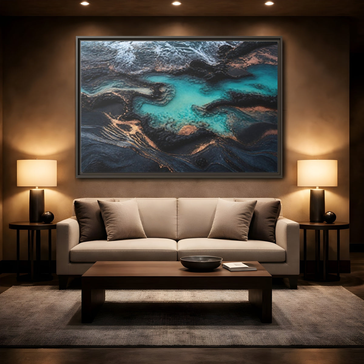 Mockup 2. Coastal Turquoise Tide Pool shown as framed canvas print