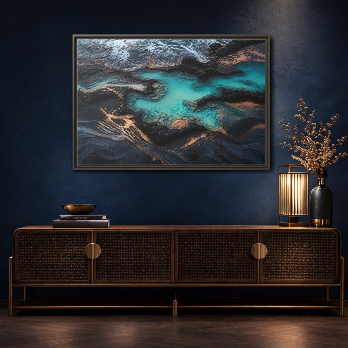 Mockup 4. Coastal Turquoise Tide Pool shown as framed canvas print