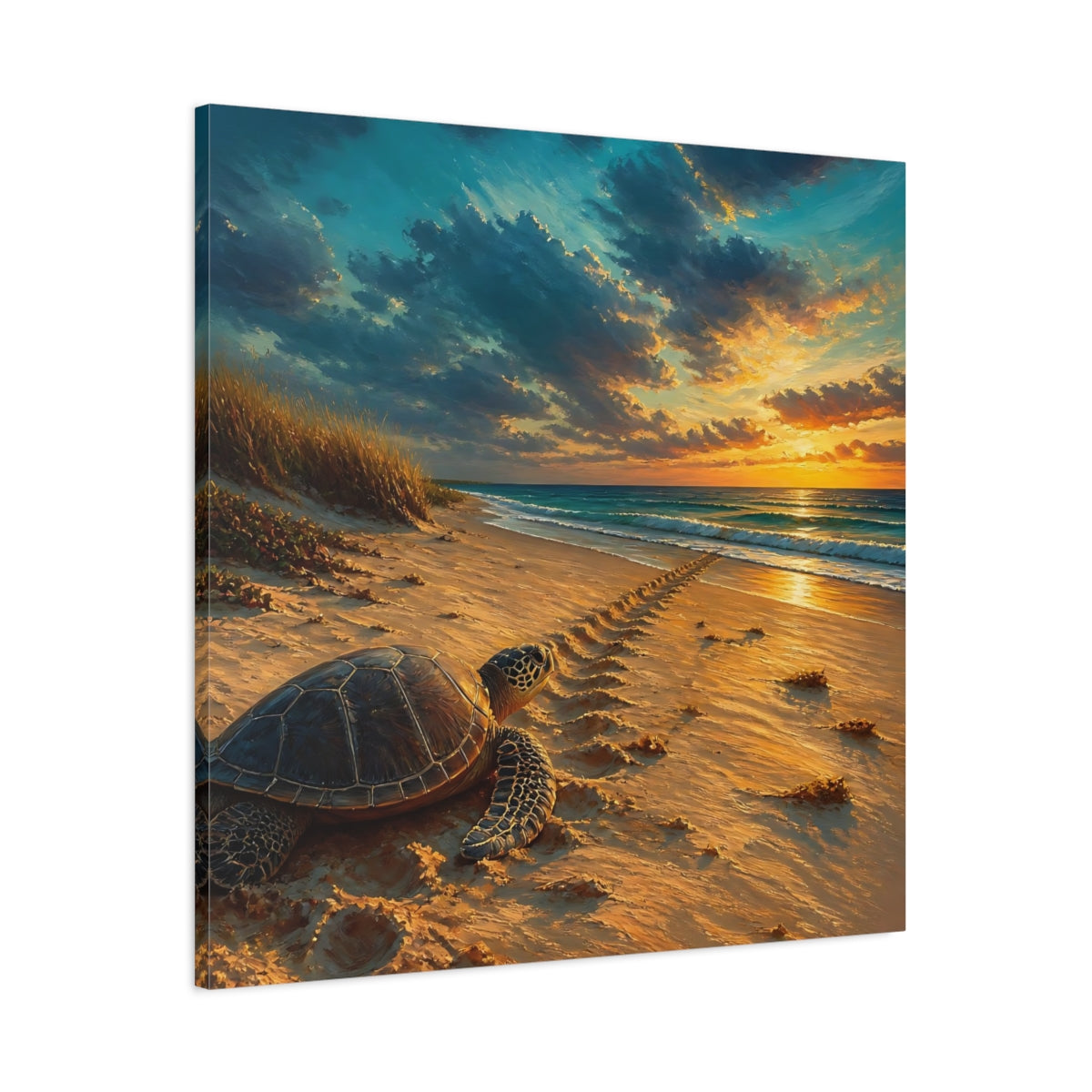Main Mockup. Coastal Turtle At Sunset shown as canvas print
