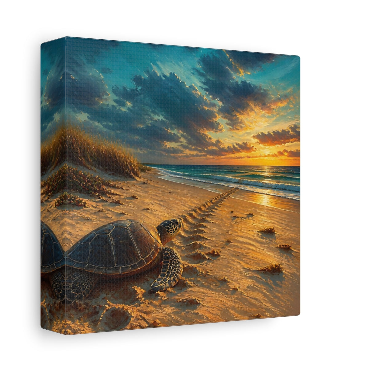 Side Mockup 2. Coastal Turtle At Sunset shown as canvas print