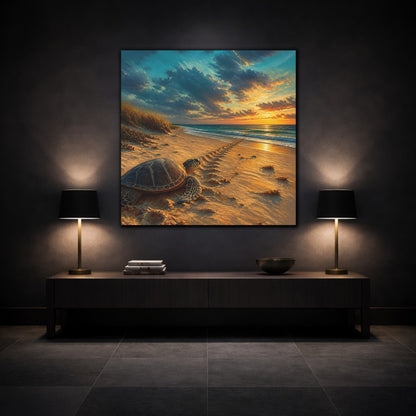 Mockup 3. Coastal Turtle At Sunset shown as canvas print