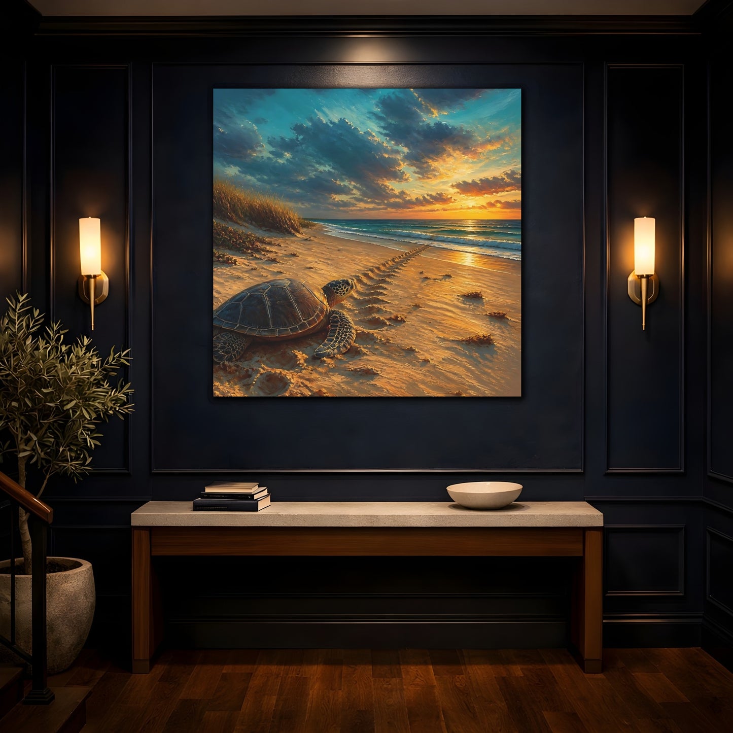 Mockup 4. Coastal Turtle At Sunset shown as canvas print