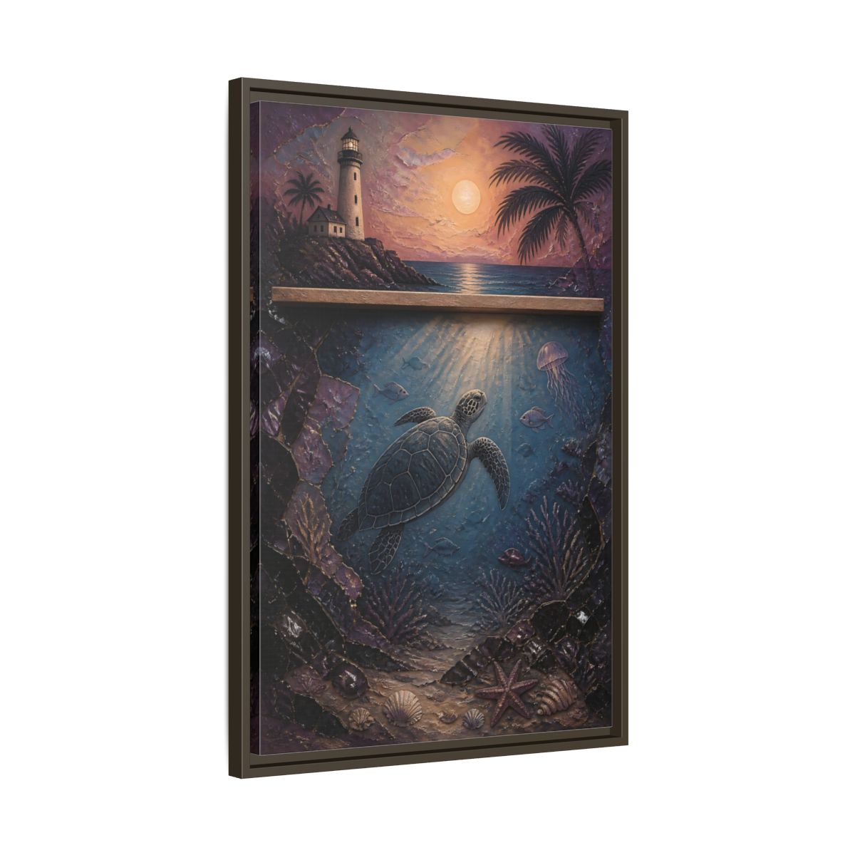 Side Mockup 11. Coastal Turtle Lighthouse shown as framed canvas print