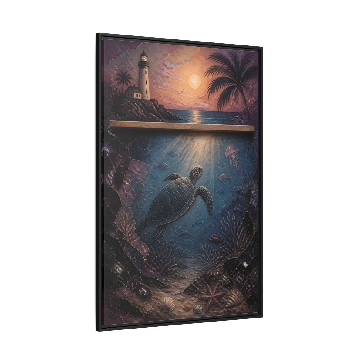 Side Mockup 12. Coastal Turtle Lighthouse shown as framed canvas print