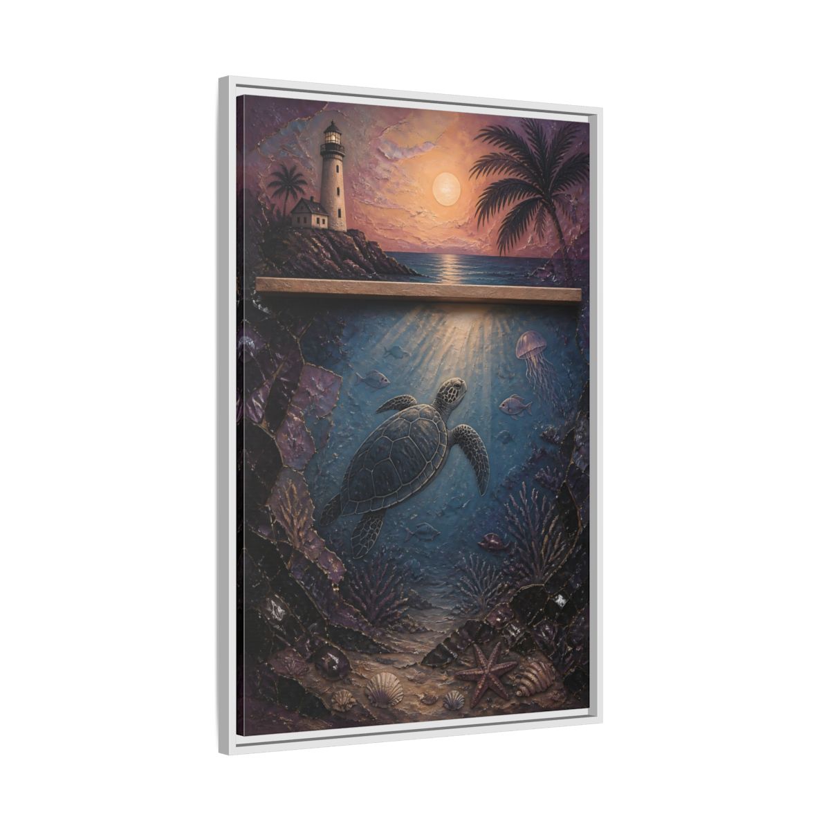 Side Mockup 9. Coastal Turtle Lighthouse shown as framed canvas print