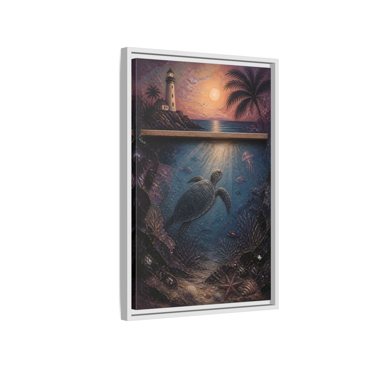 Side Mockup 1. Coastal Turtle Lighthouse shown as framed canvas print
