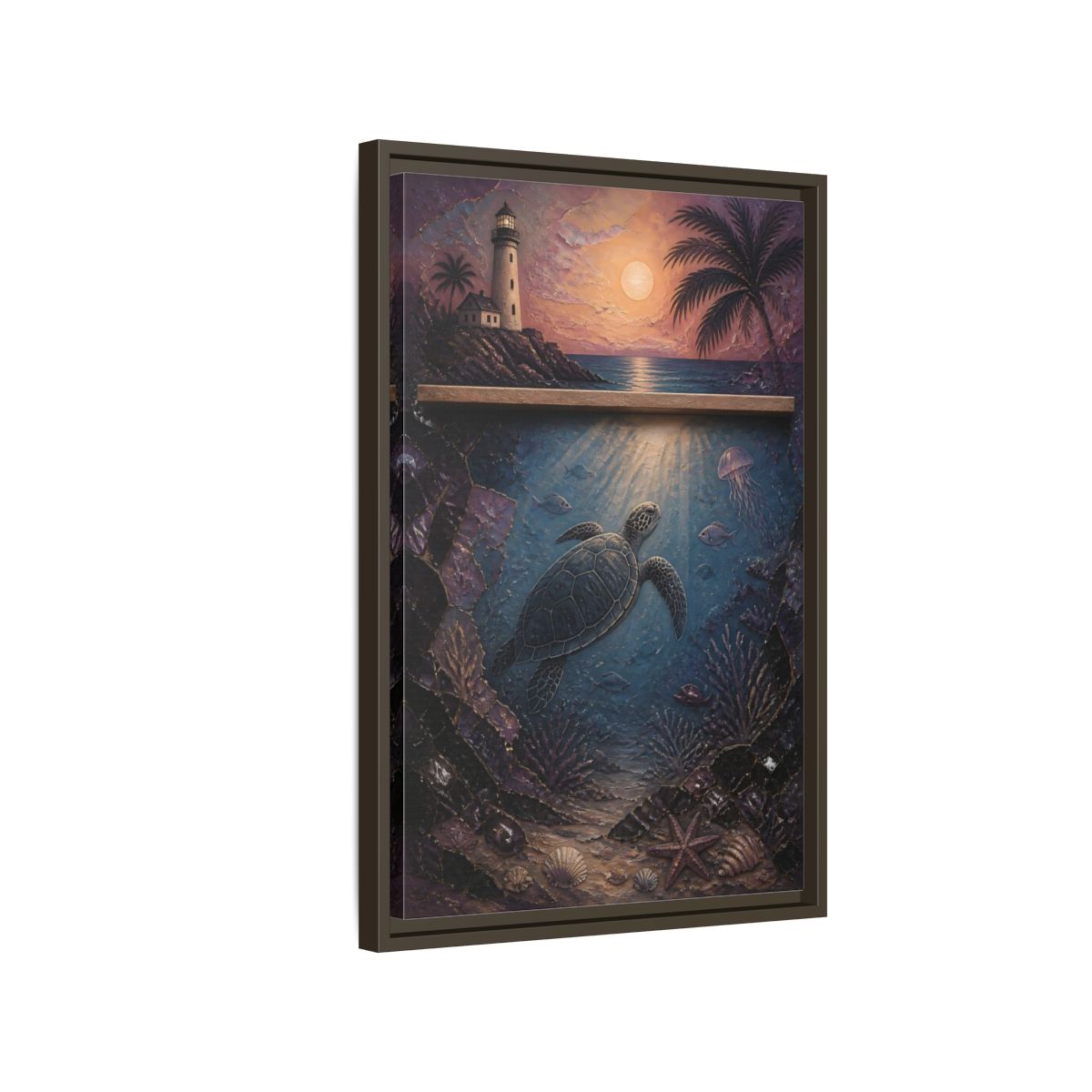 Side Mockup 2. Coastal Turtle Lighthouse shown as framed canvas print