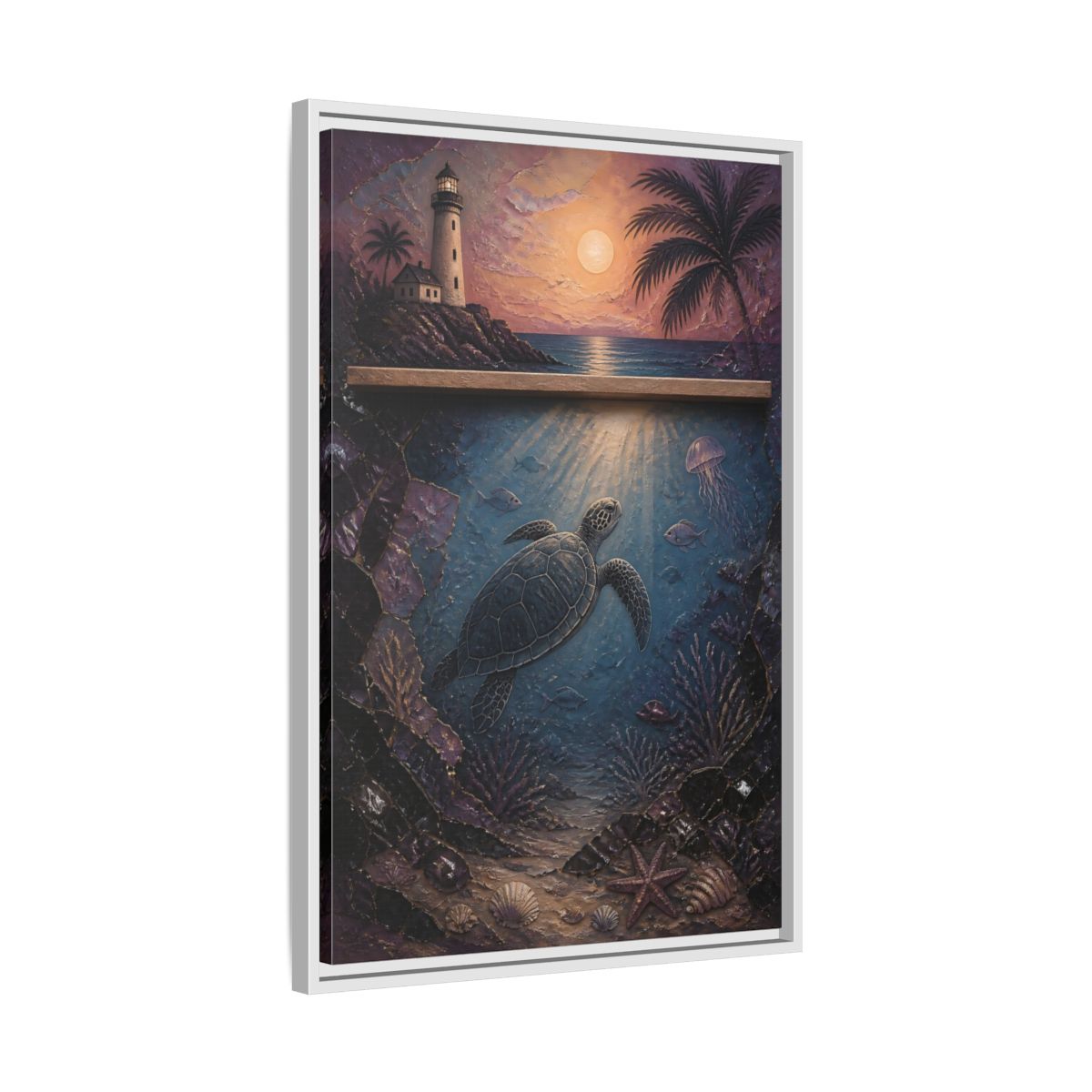 Side Mockup 10. Coastal Turtle Lighthouse shown as framed canvas print