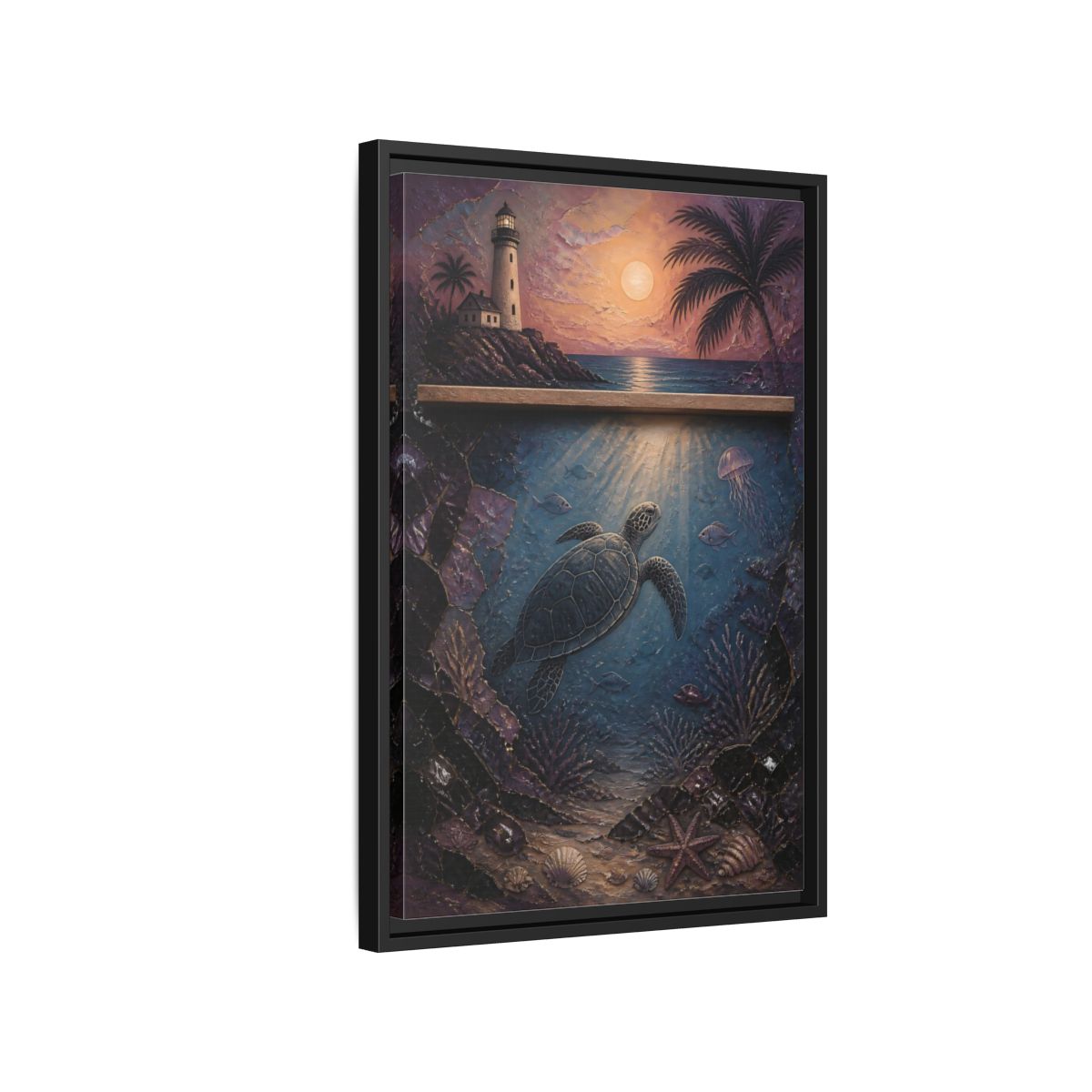Side Mockup 3. Coastal Turtle Lighthouse shown as framed canvas print