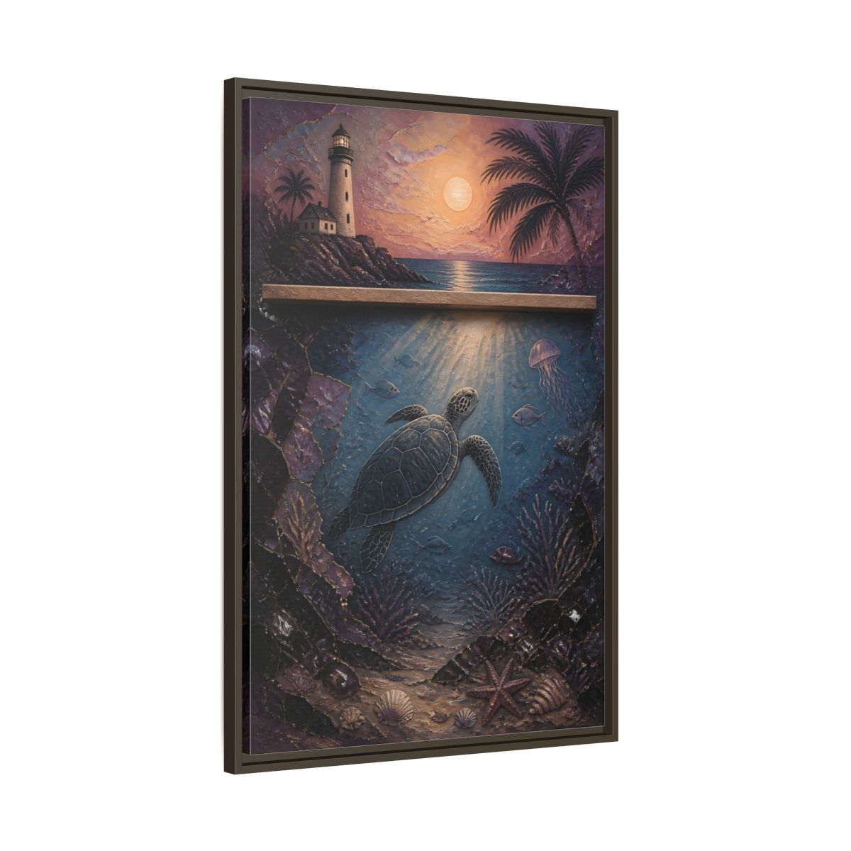 Main Mockup. Coastal Turtle Lighthouse shown as framed canvas print