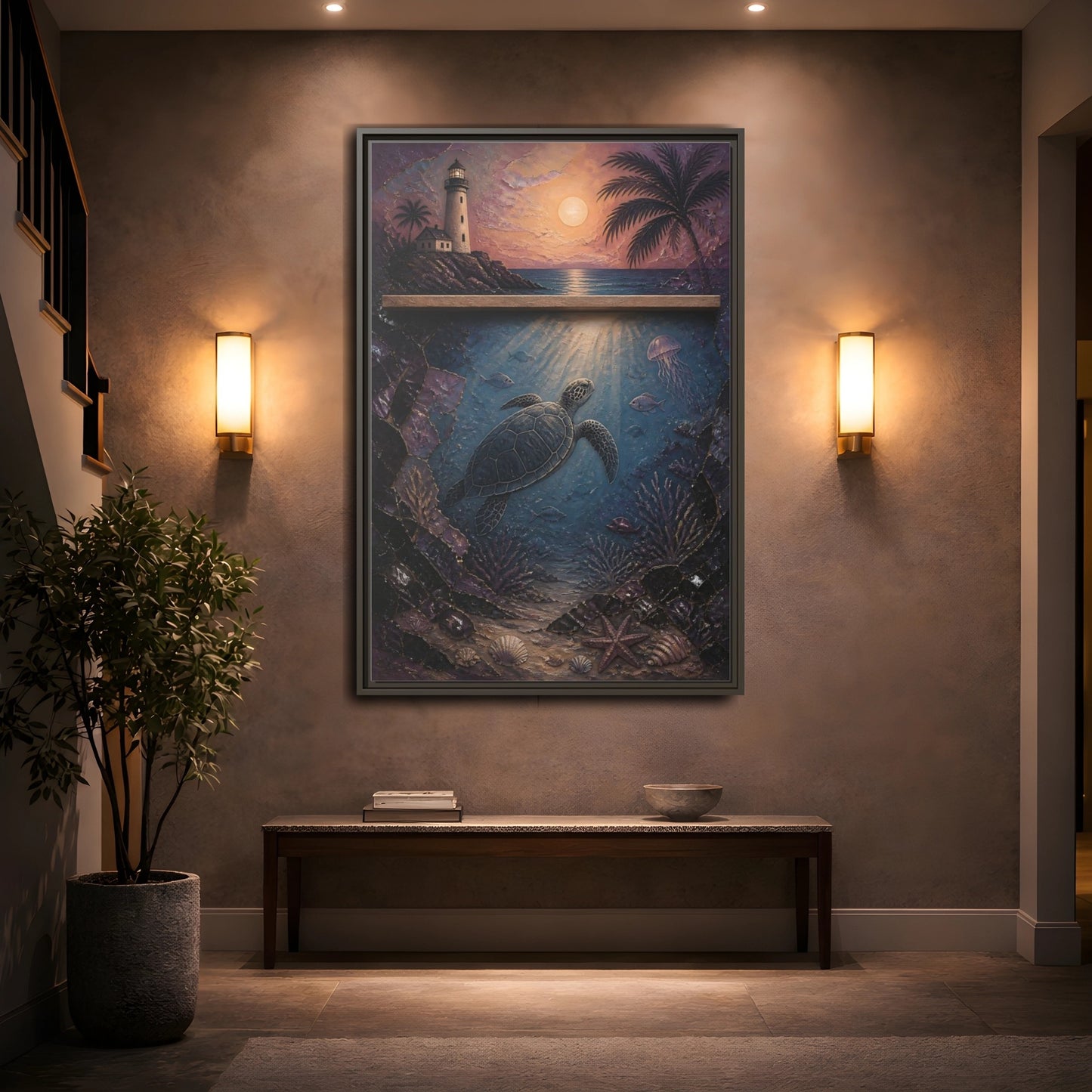 Mockup 2. Coastal Turtle Lighthouse shown as framed canvas print