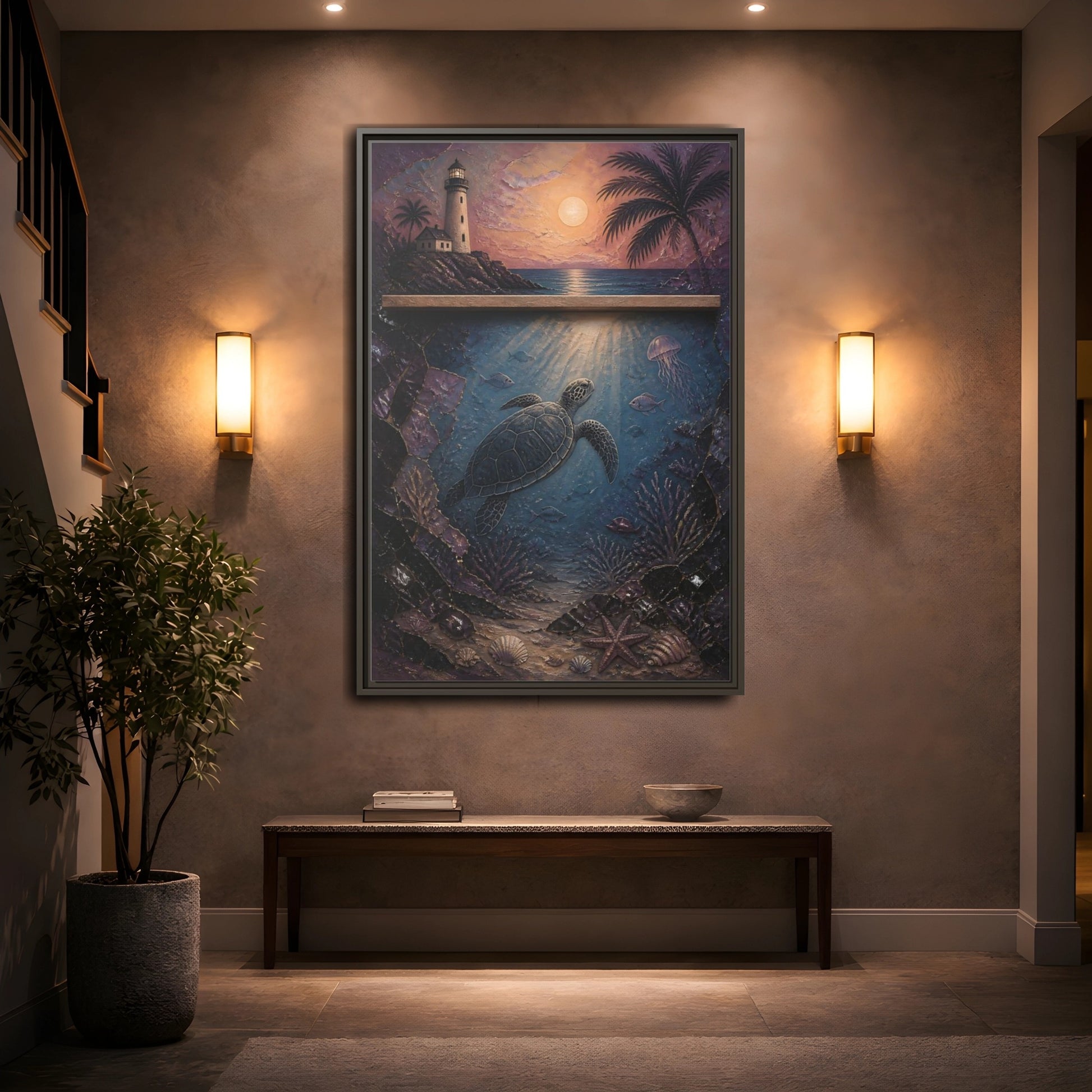 Mockup 2. Coastal Turtle Lighthouse shown as framed canvas print