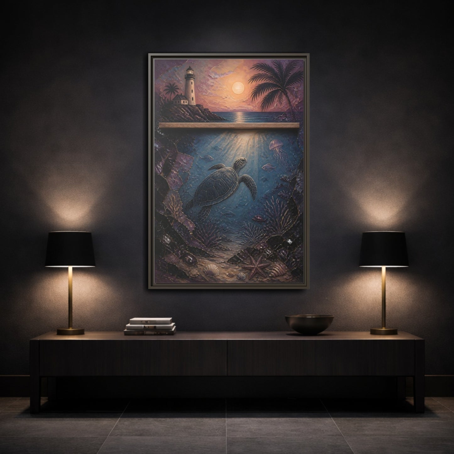 Mockup 3. Coastal Turtle Lighthouse shown as framed canvas print