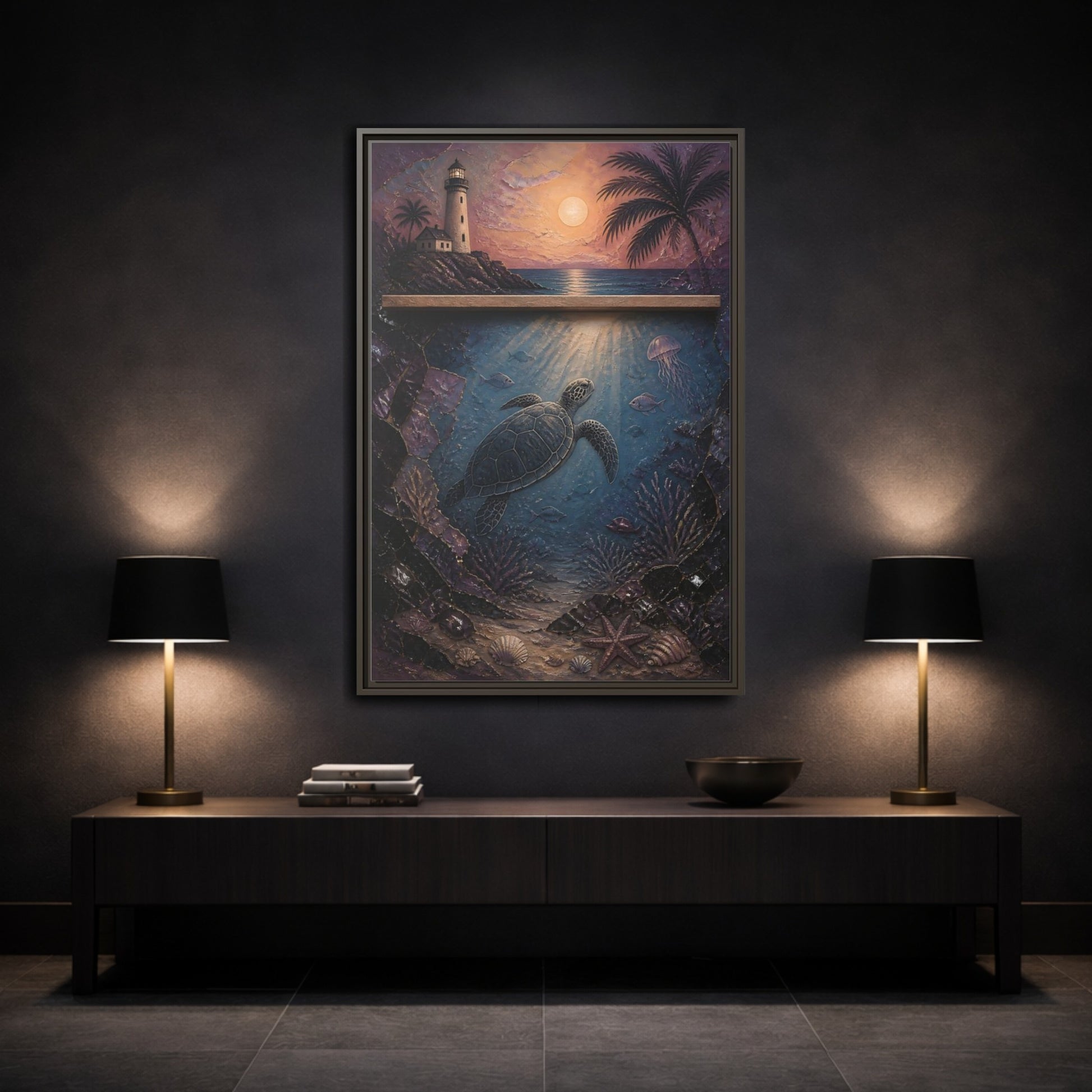 Mockup 3. Coastal Turtle Lighthouse shown as framed canvas print