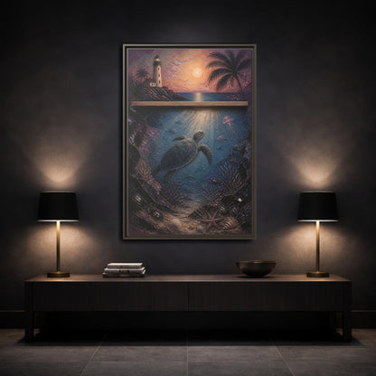 Mockup 3. Coastal Turtle Lighthouse shown as framed canvas print