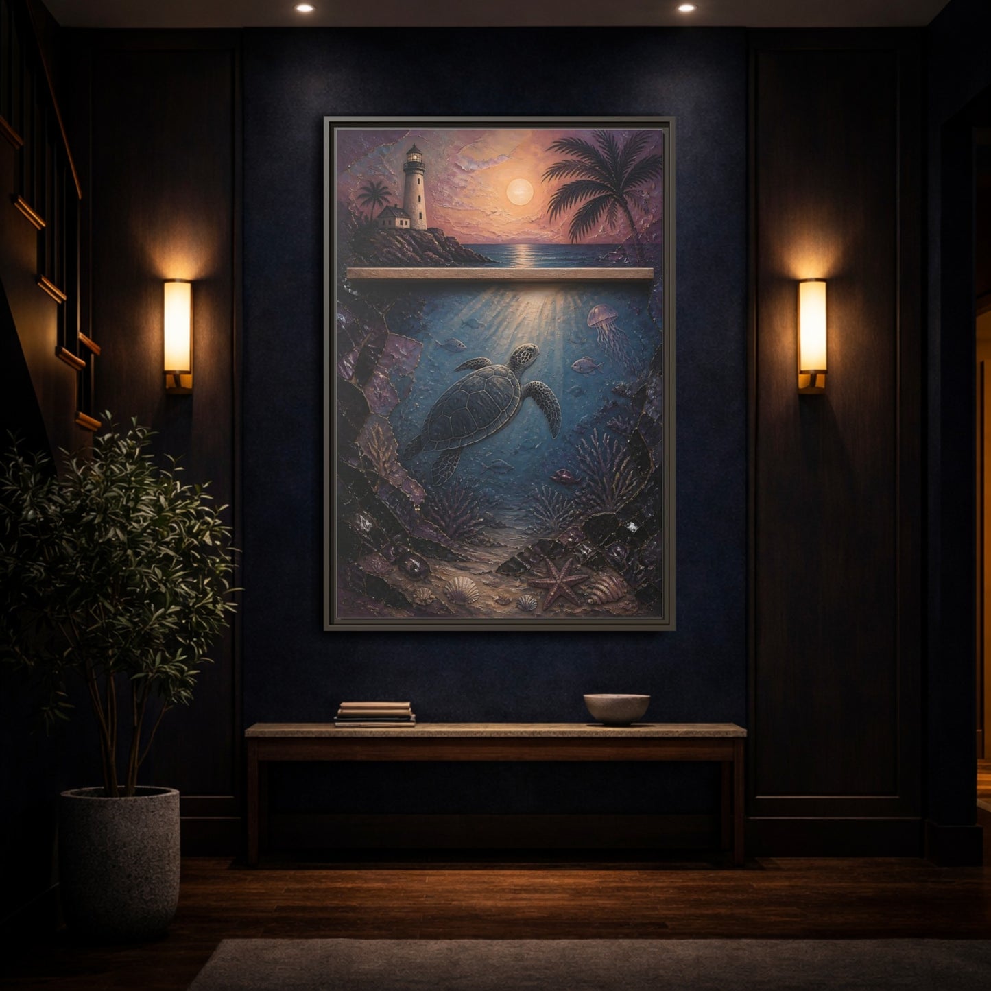 Mockup 4. Coastal Turtle Lighthouse shown as framed canvas print