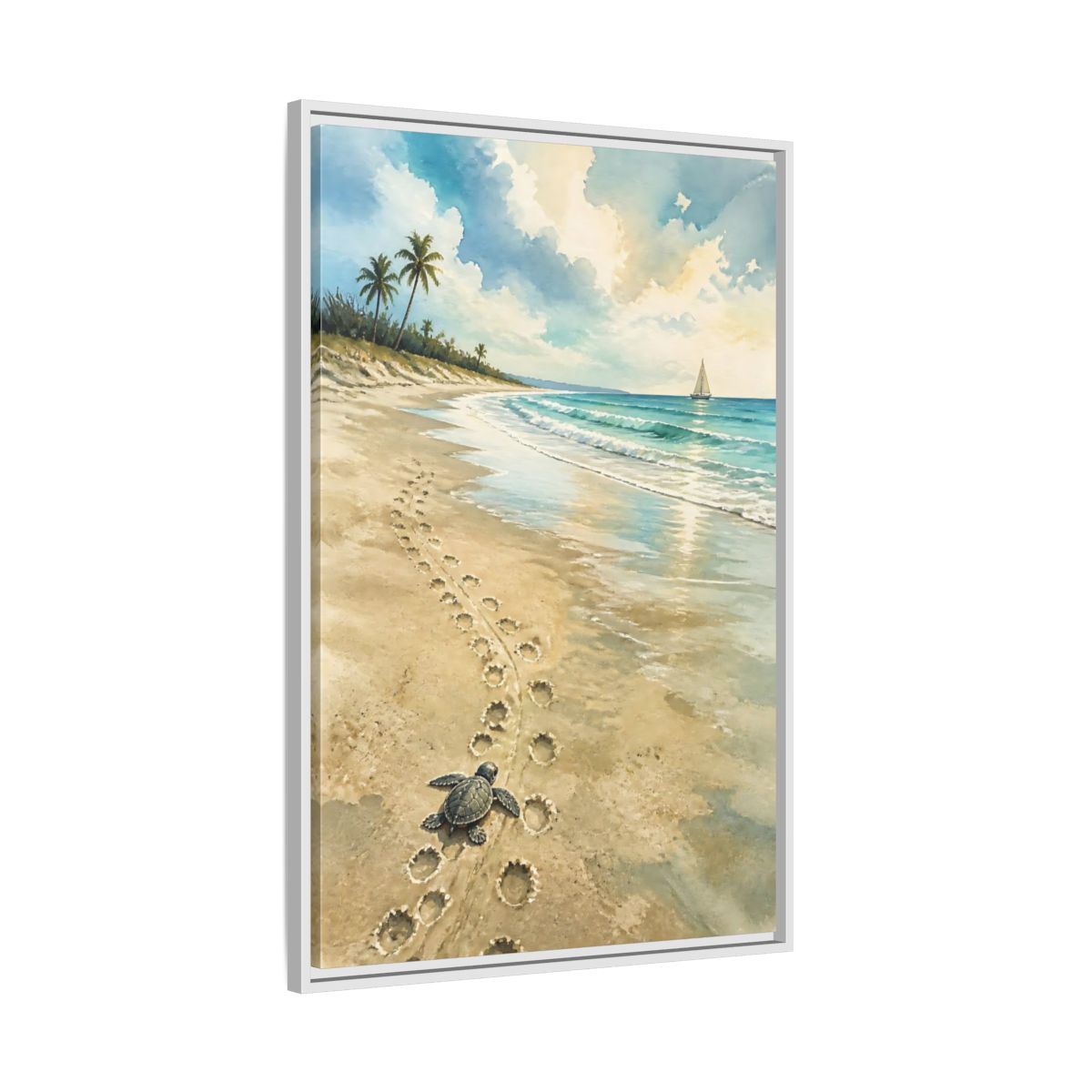 Side Mockup 9. Coastal Turtle Tracks shown as framed canvas print