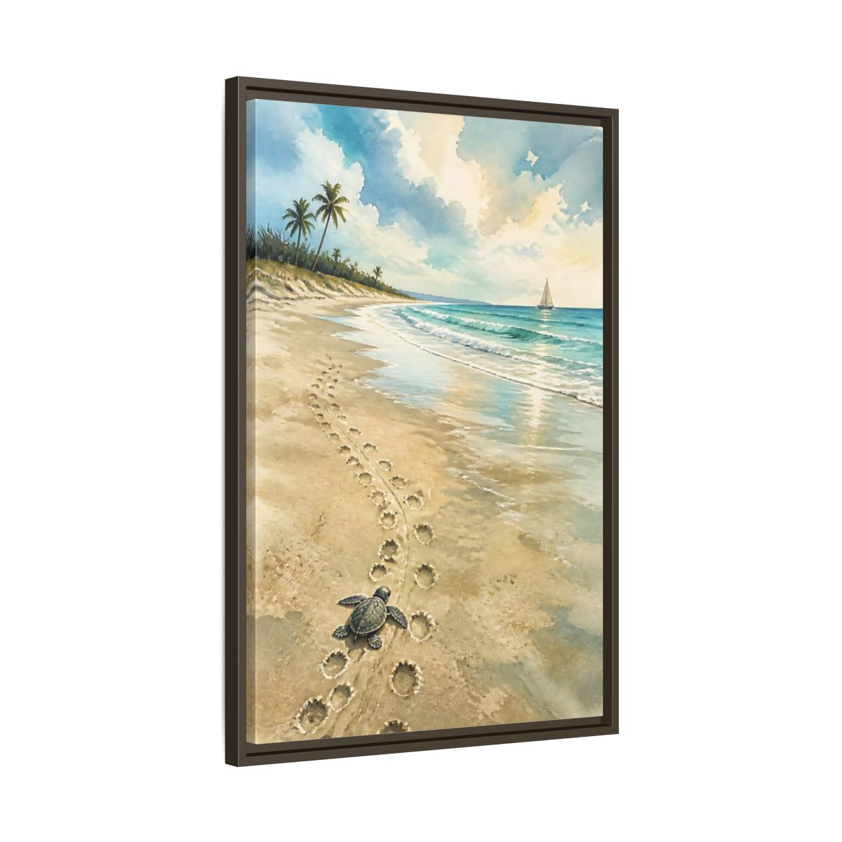 Side Mockup 11. Coastal Turtle Tracks shown as framed canvas print
