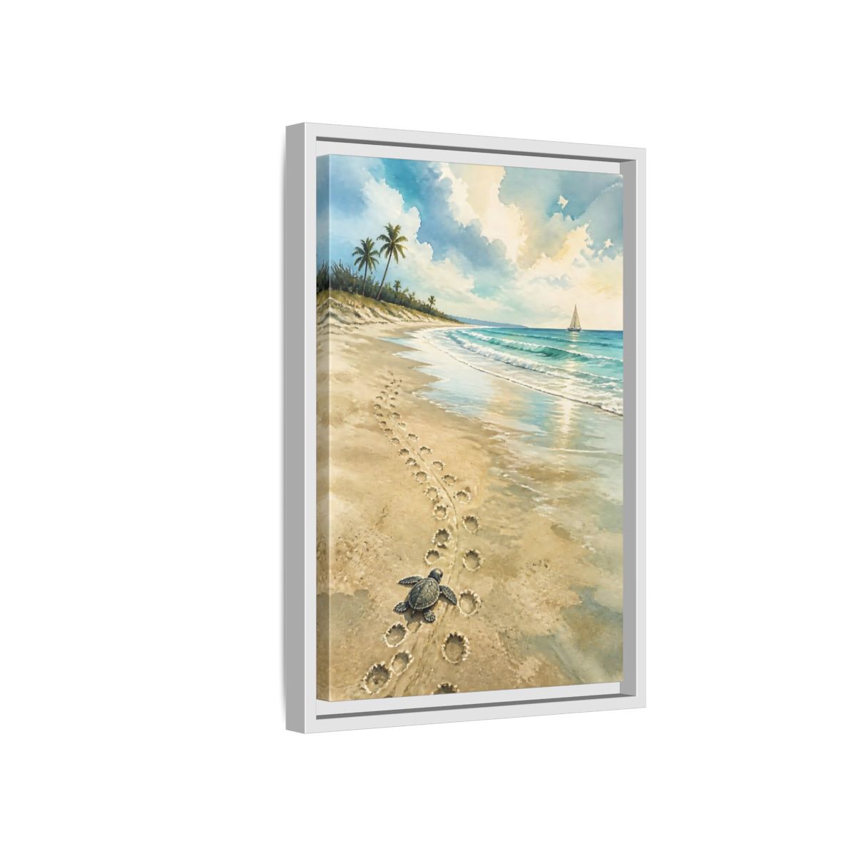 Side Mockup 4. Coastal Turtle Tracks shown as framed canvas print