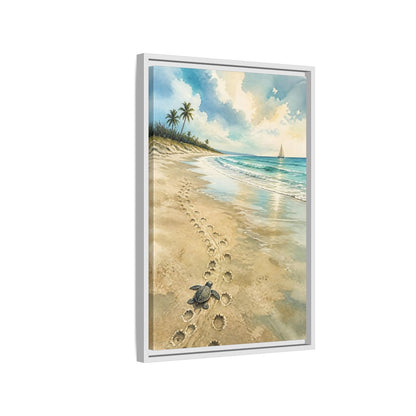 Side Mockup 1. Coastal Turtle Tracks shown as framed canvas print
