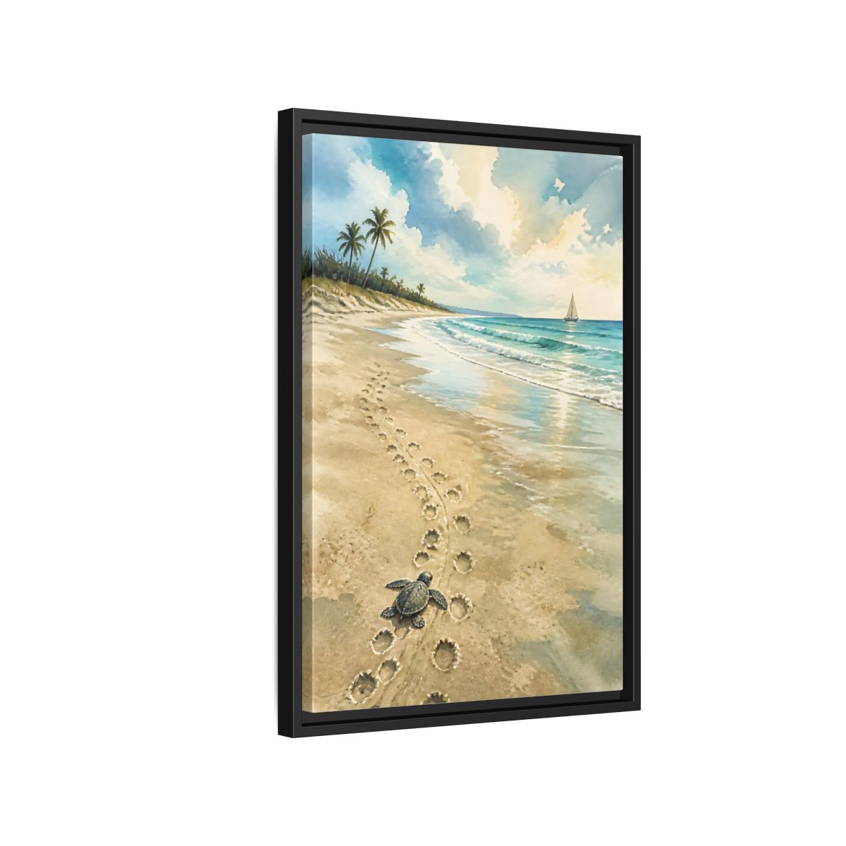 Side Mockup 3. Coastal Turtle Tracks shown as framed canvas print
