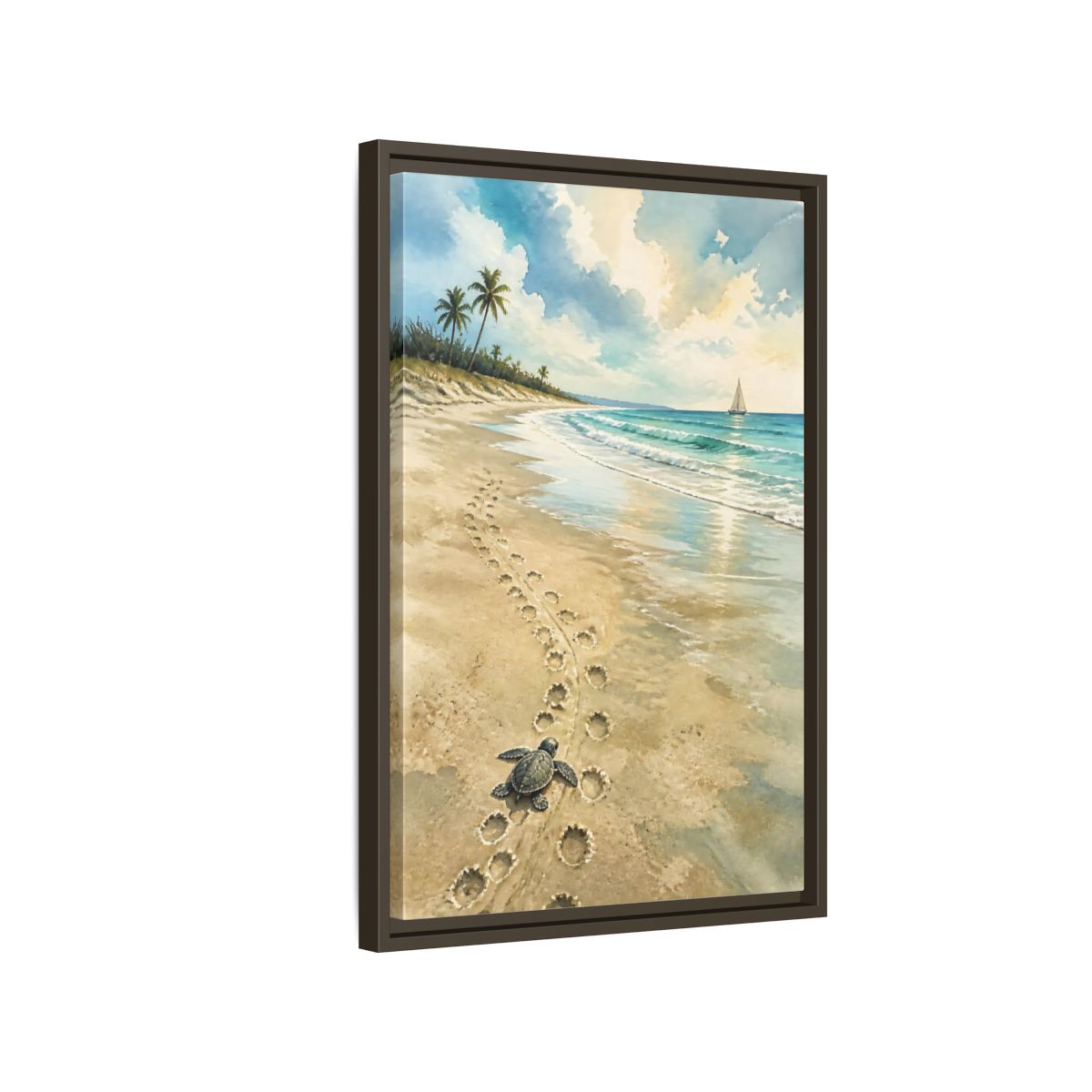 Side Mockup 2. Coastal Turtle Tracks shown as framed canvas print