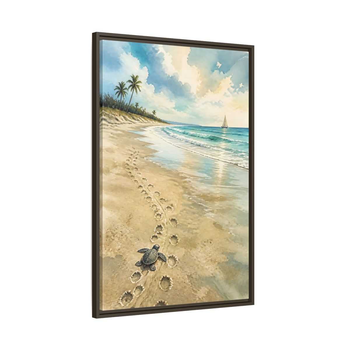 Main Mockup. Coastal Turtle Tracks shown as framed canvas print