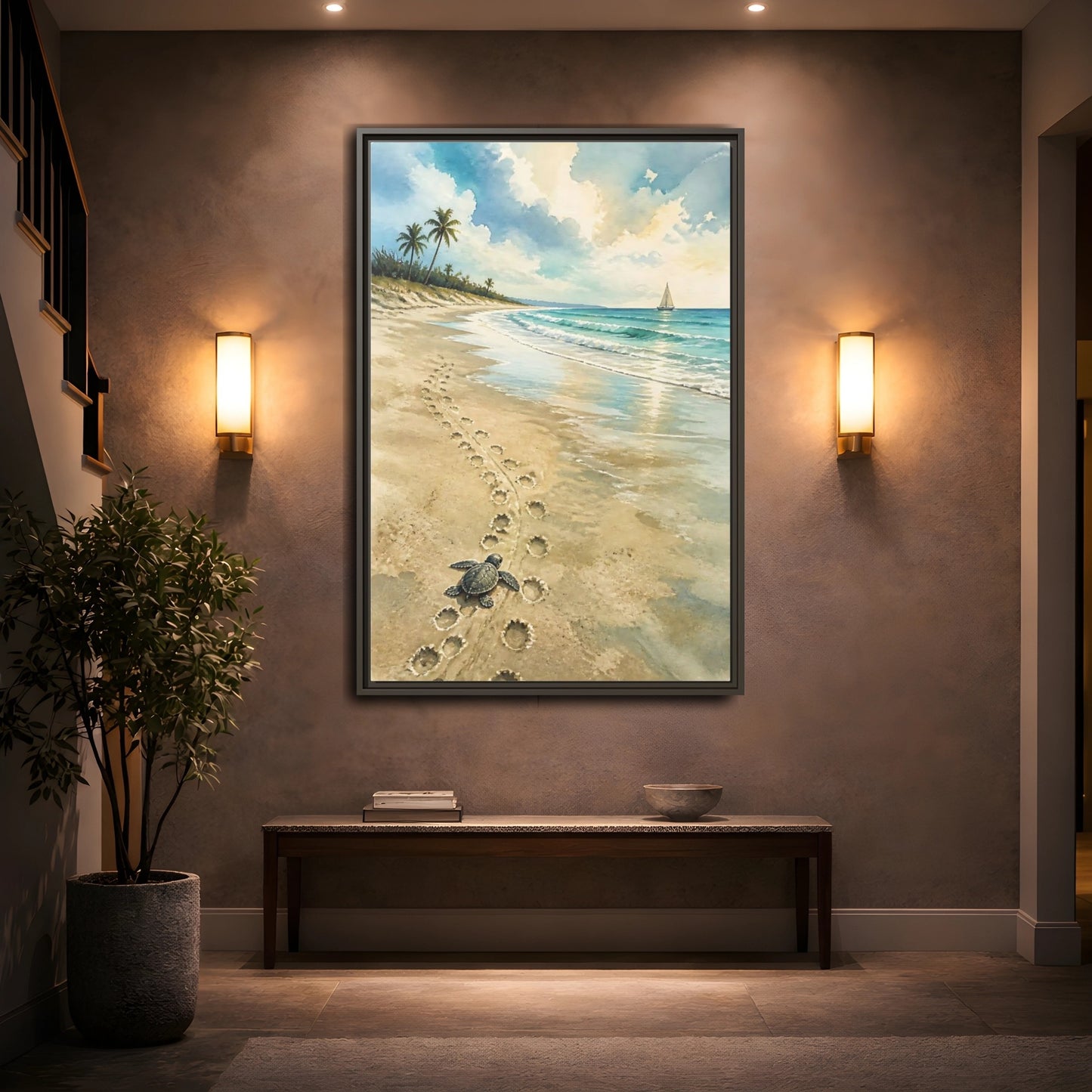 Mockup 2. Coastal Turtle Tracks shown as framed canvas print