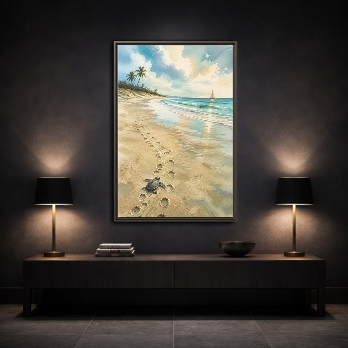 Mockup 3. Coastal Turtle Tracks shown as framed canvas print