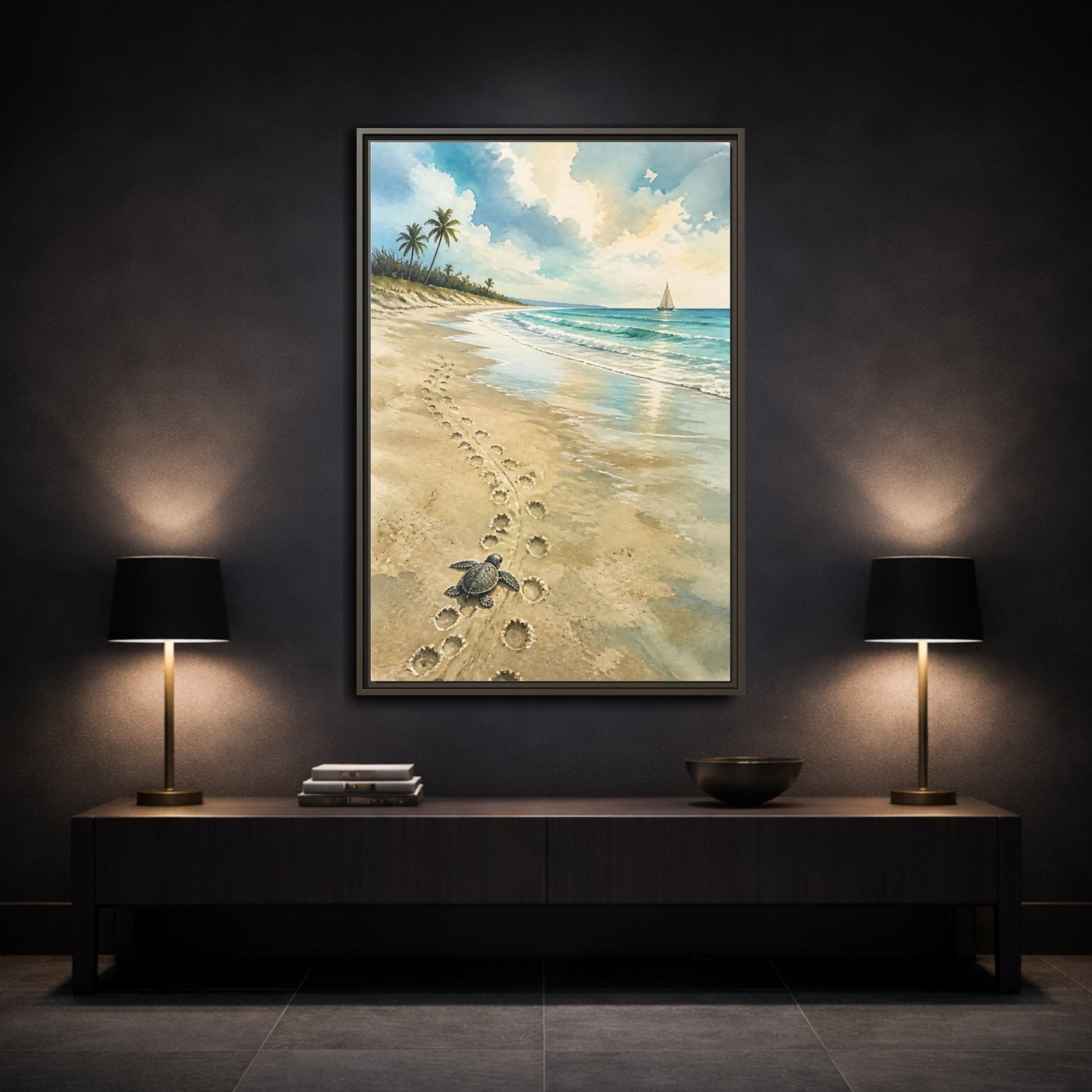 Mockup 3. Coastal Turtle Tracks shown as framed canvas print
