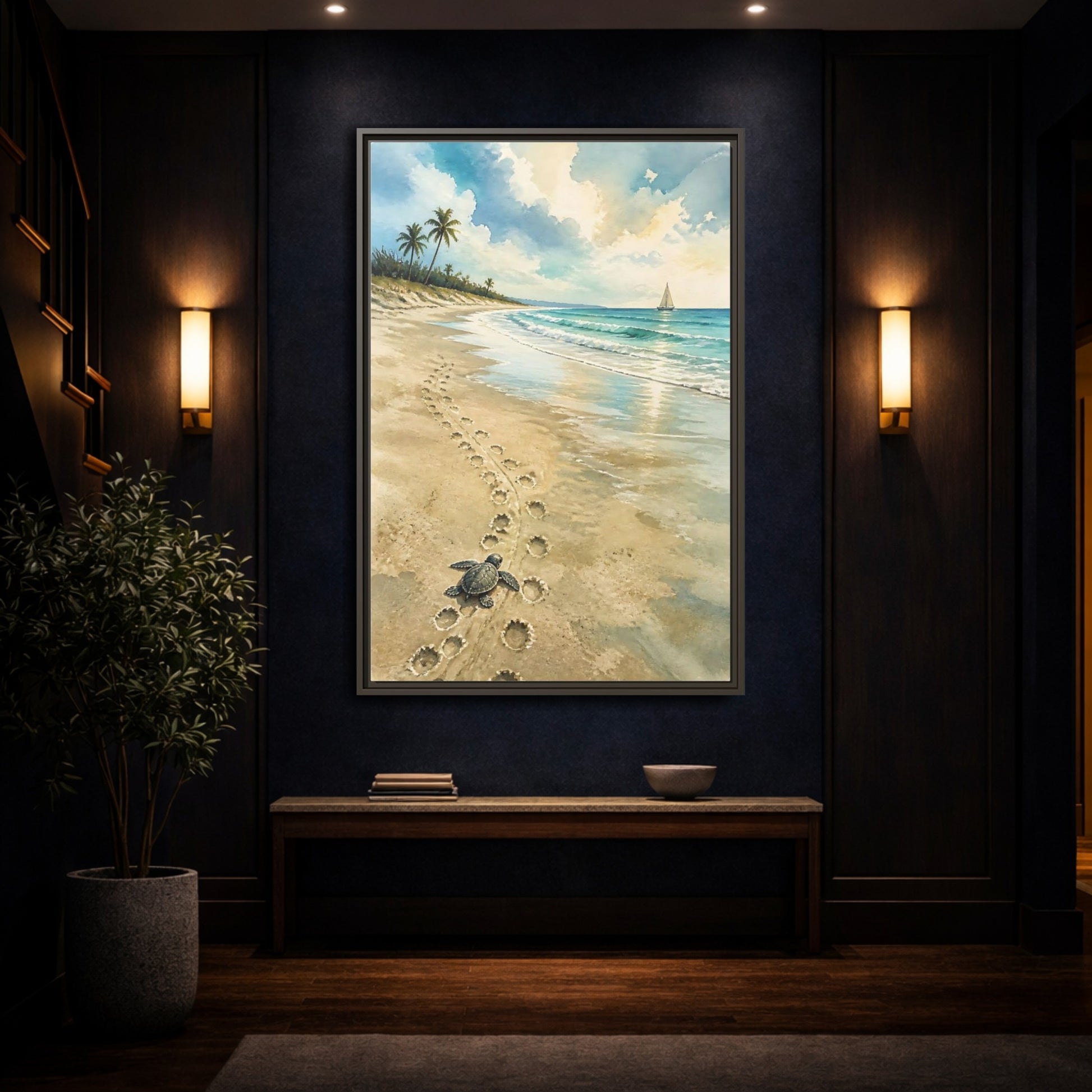 Mockup 4. Coastal Turtle Tracks shown as framed canvas print