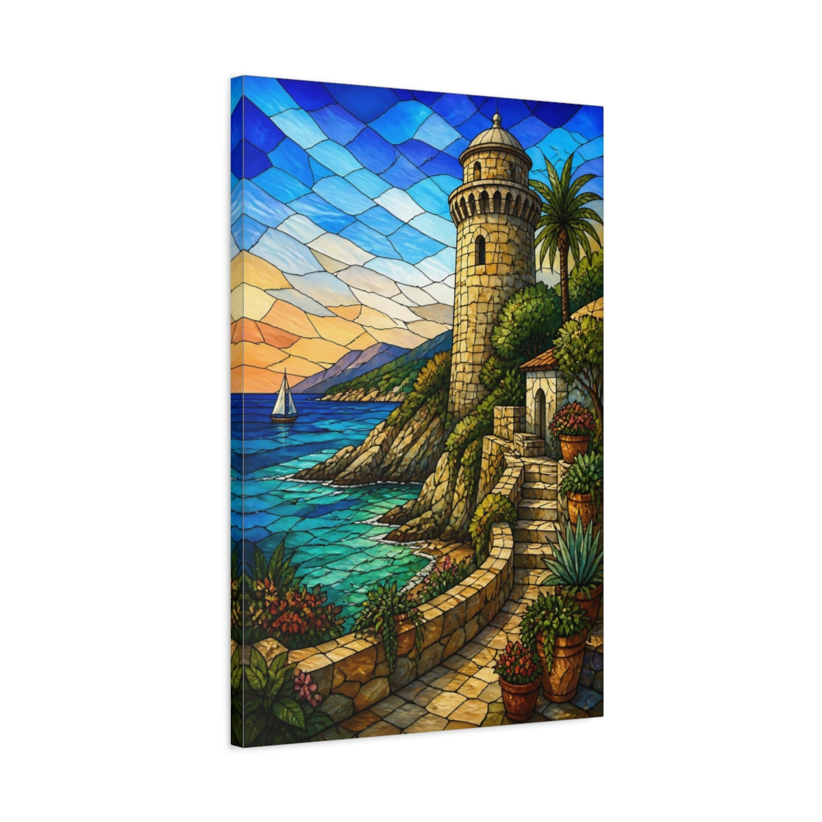 Side Mockup 2. Coastal Watchtower Vista shown as canvas print