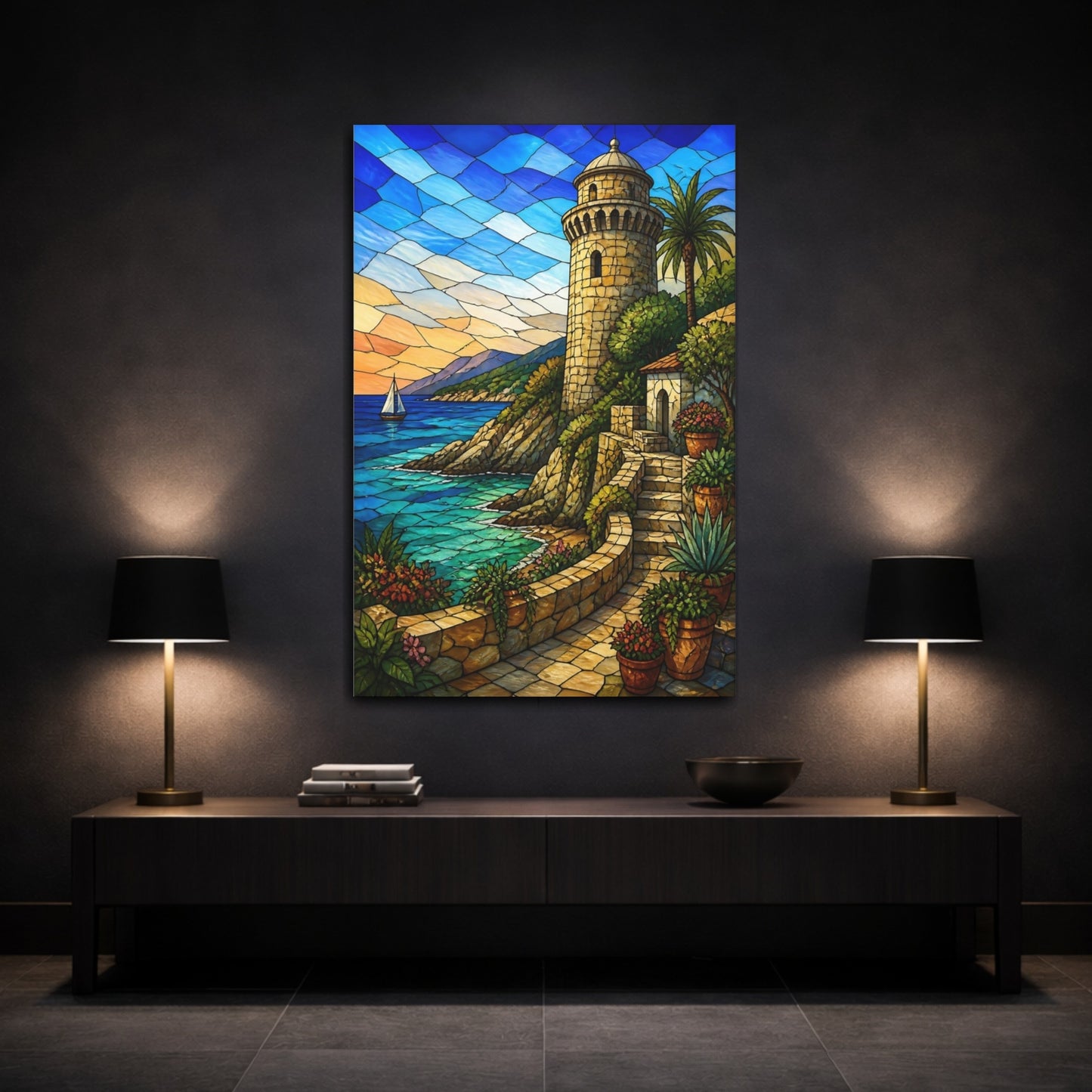 Mockup 3. Coastal Watchtower Vista shown as canvas print