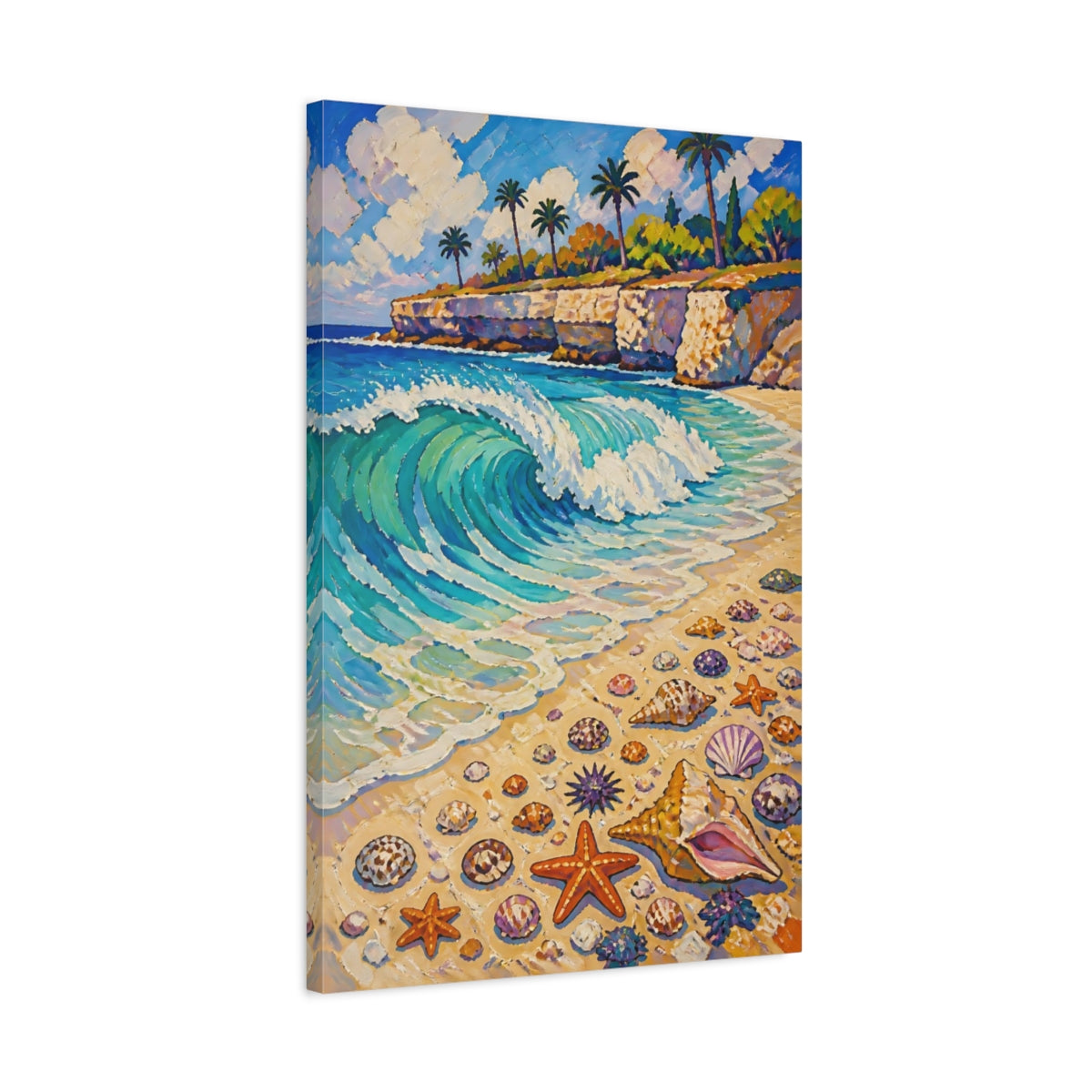 Side Mockup 2. Coastal Wave With Shells shown as canvas print