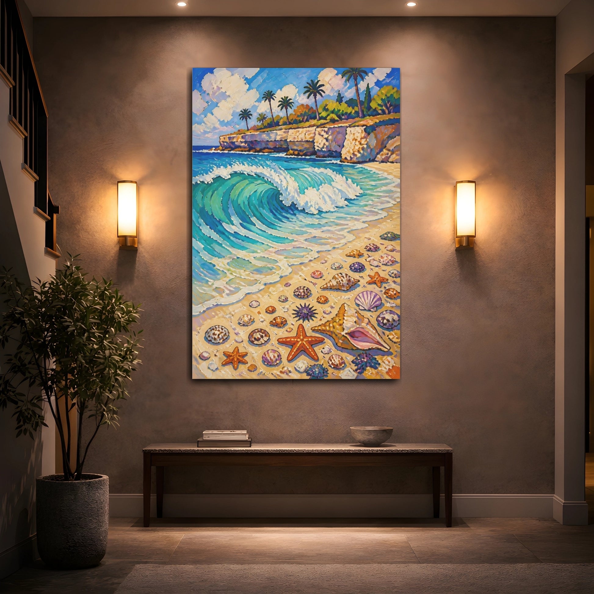 Mockup 2. Coastal Wave With Shells shown as canvas print